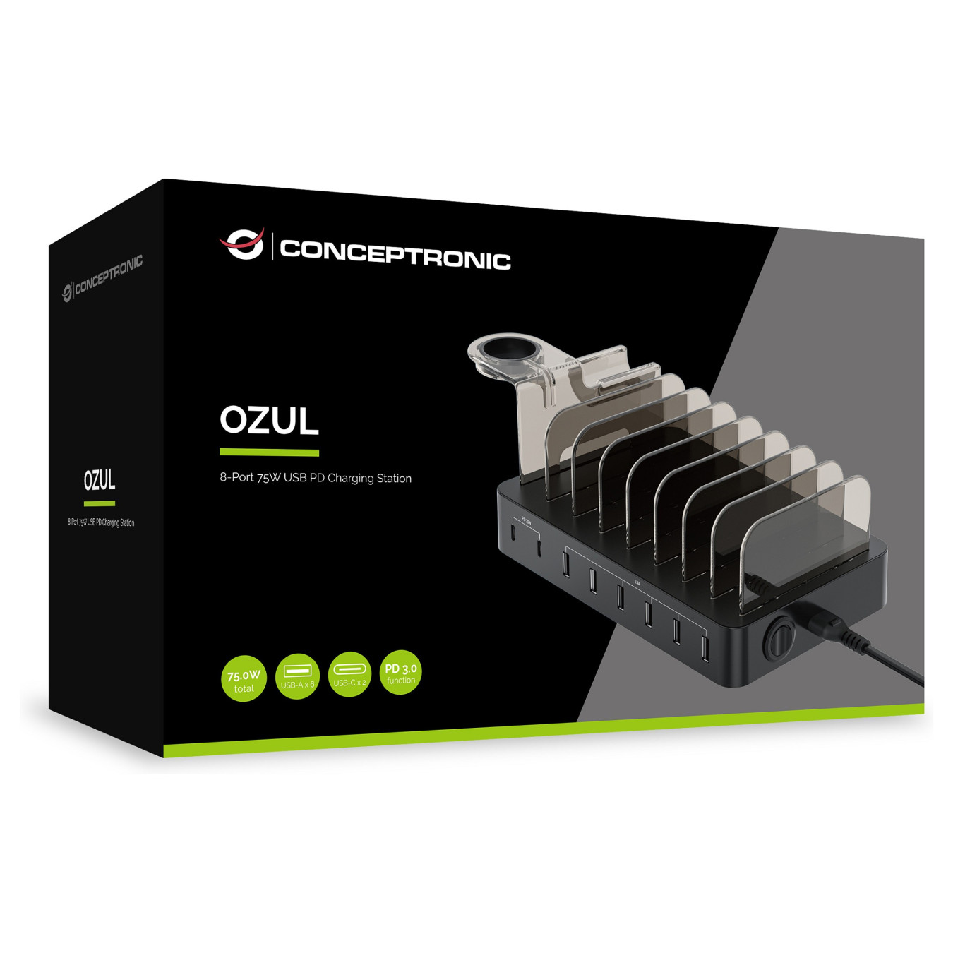 CONCEPTRONIC Ladegerät 8Port 6xUSB-A 2xC Multi 75WPD3.0 sw — Buy in Cyprus with Fast Delivery
