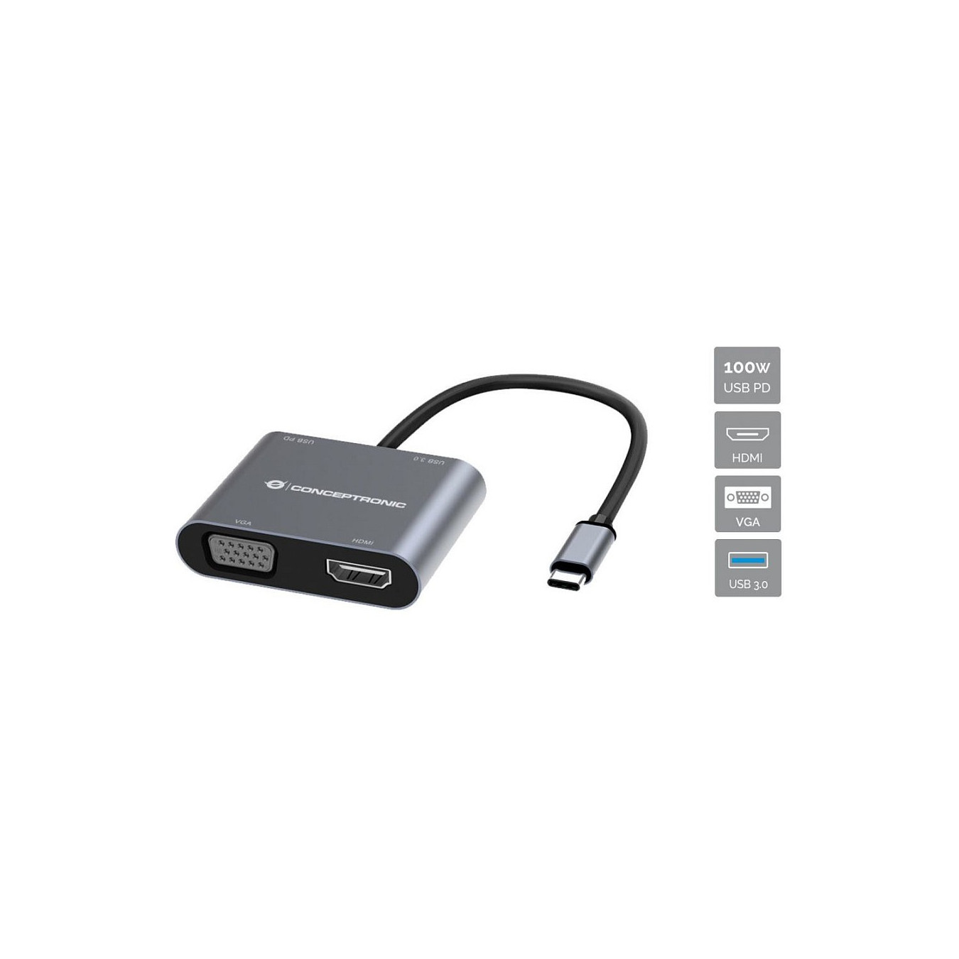 CONCEPTRONIC 4-1 Dock USB-C- to HDMI.USB3.0.VGA.100WPD 15cm gr — Buy in Cyprus with Fast Delivery