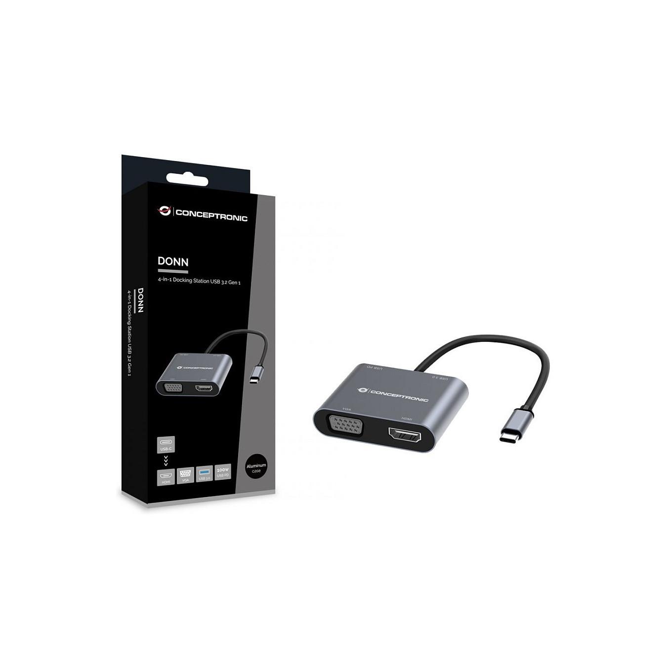 CONCEPTRONIC 4-1 Dock USB-C- to HDMI.USB3.0.VGA.100WPD 15cm gr — Buy in Cyprus with Fast Delivery