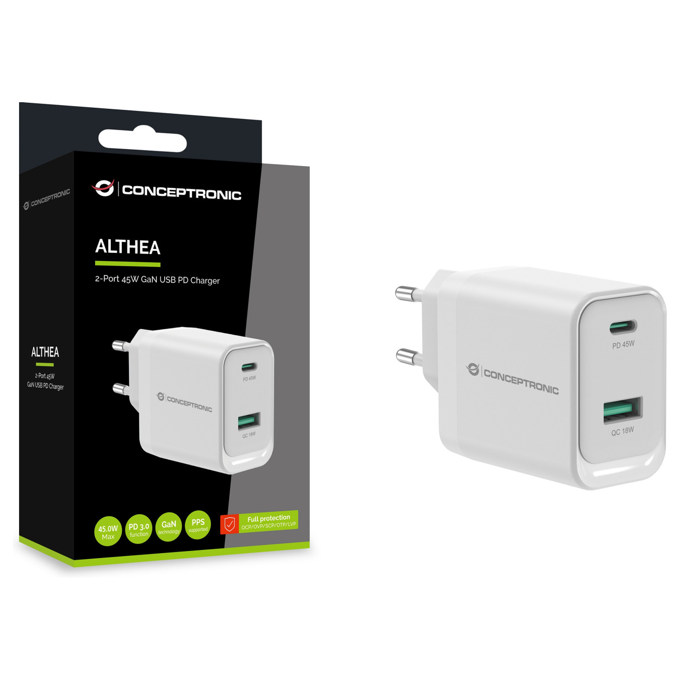 CONCEPTRONIC Ladegerät 2Port GaN USB-C -A 45WPD3.0 PPS ws — Buy in Cyprus with Fast Delivery