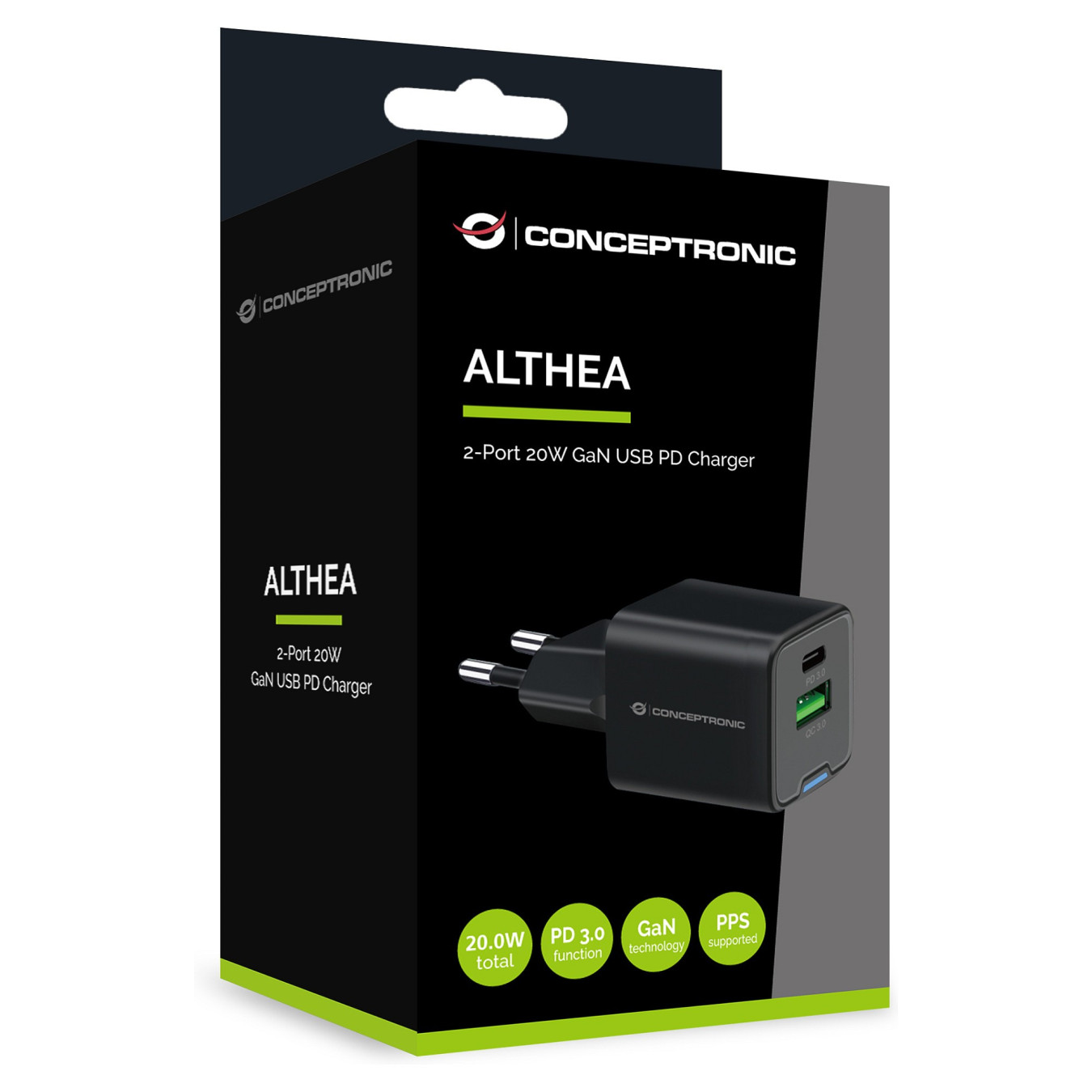 CONCEPTRONIC Ladegerät 2Port GaN USB-C -A 20WPD3.0 PPS sw — Buy in Cyprus with Fast Delivery