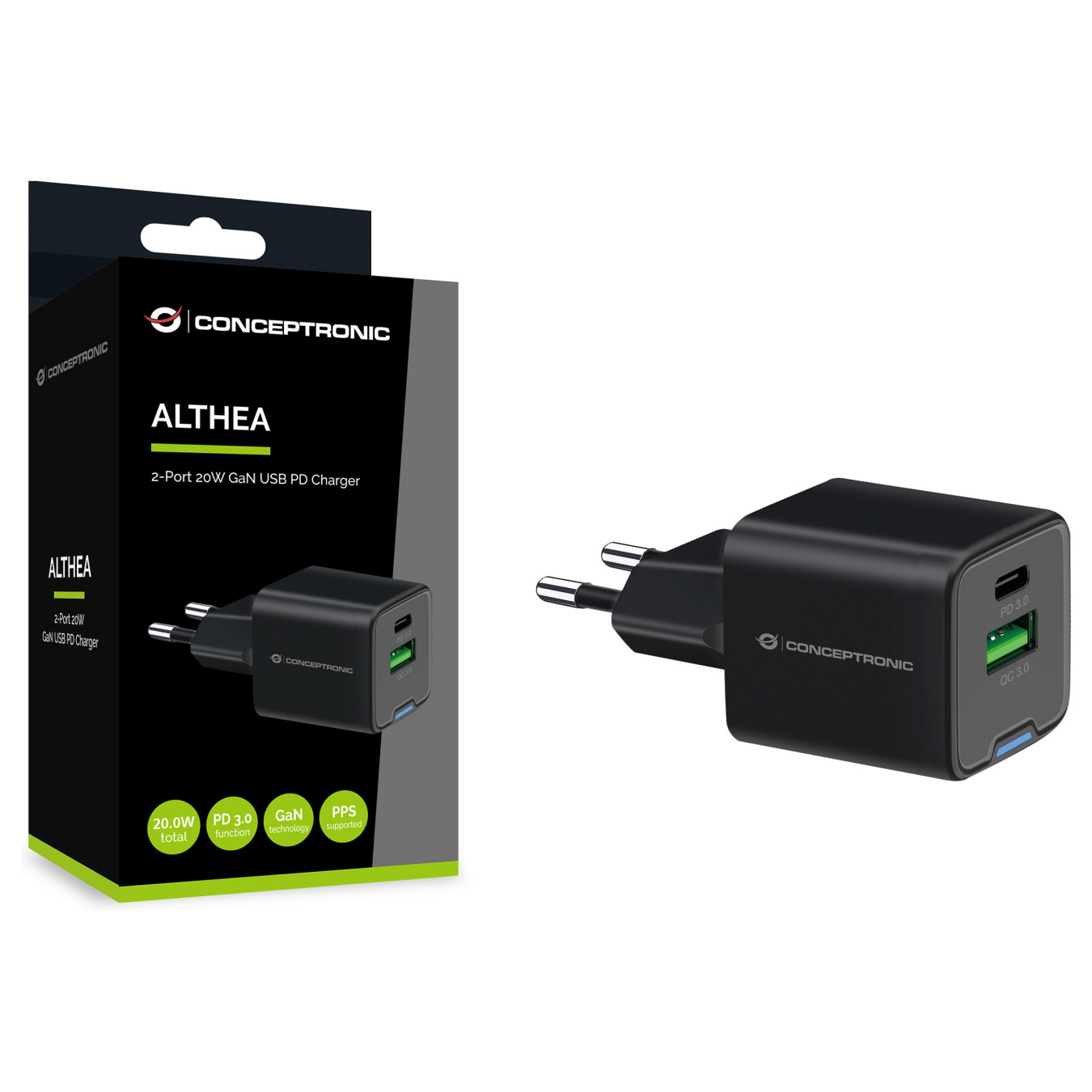 CONCEPTRONIC Ladegerät 2Port GaN USB-C -A 20WPD3.0 PPS sw — Buy in Cyprus with Fast Delivery