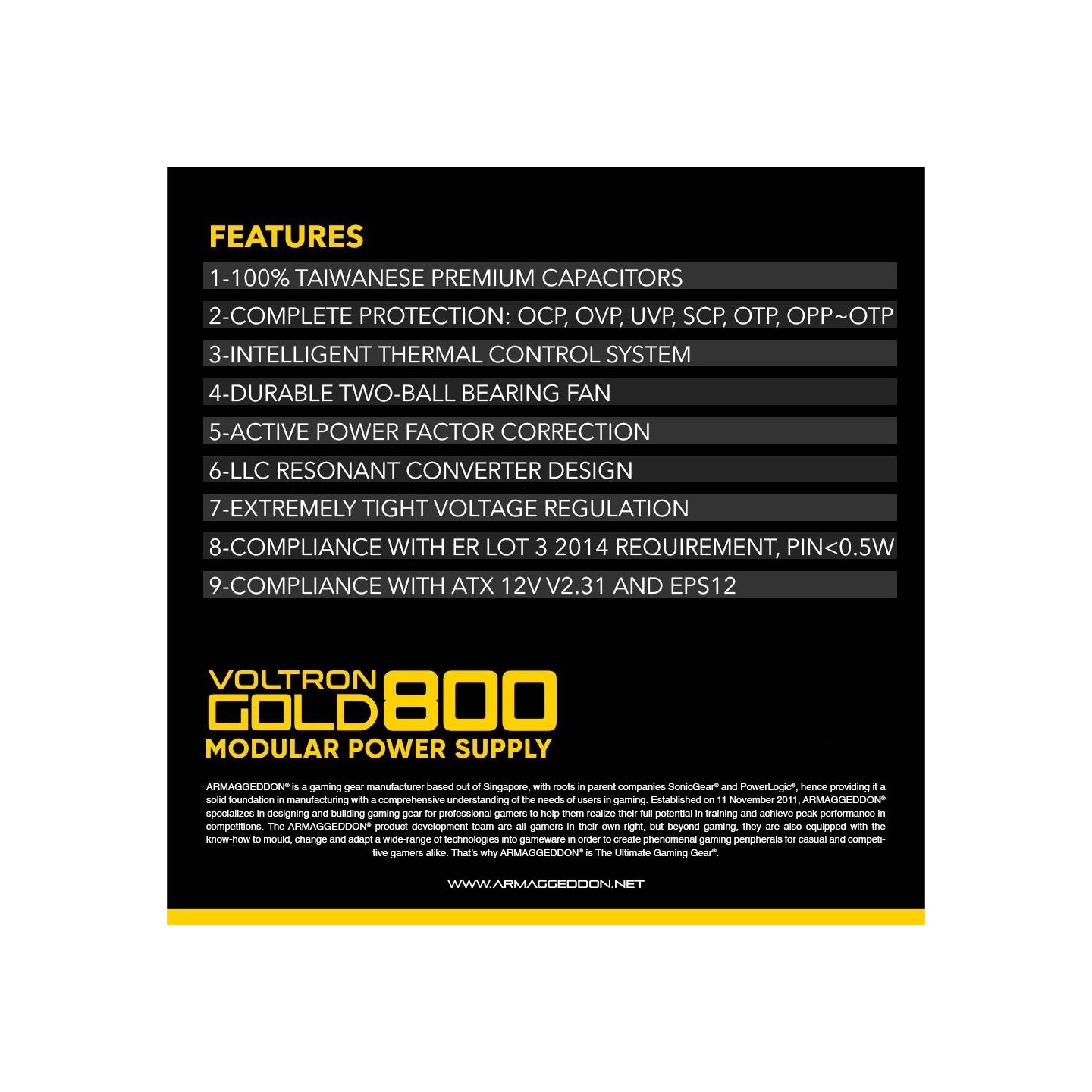 Armaggeddon Voltron Gold 800 800W 80+ Gold Fully Modular Gaming PSU - EAN 8886411989569 (Boxed)