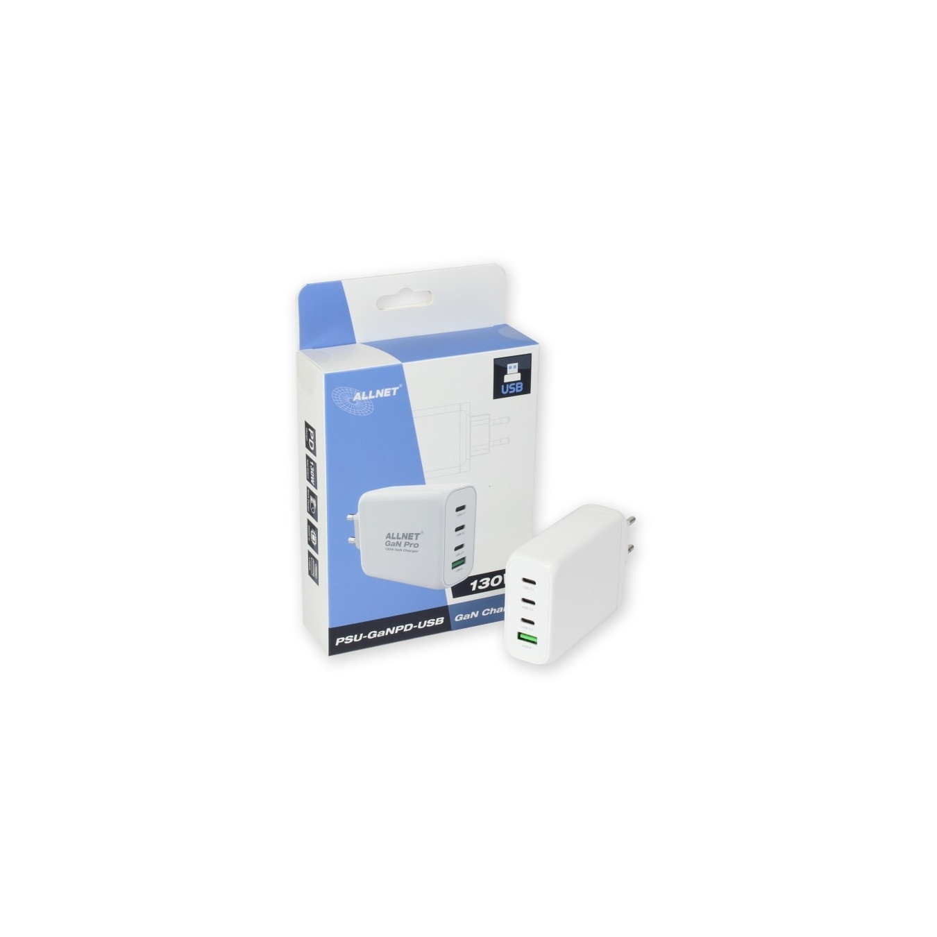 Z ALLNET Ersatznetzteil QC USB-C PD GaN Netzteil Power Supply130Watt 1x USB Typ-A QC 3x USB Typ-C EU PLUG