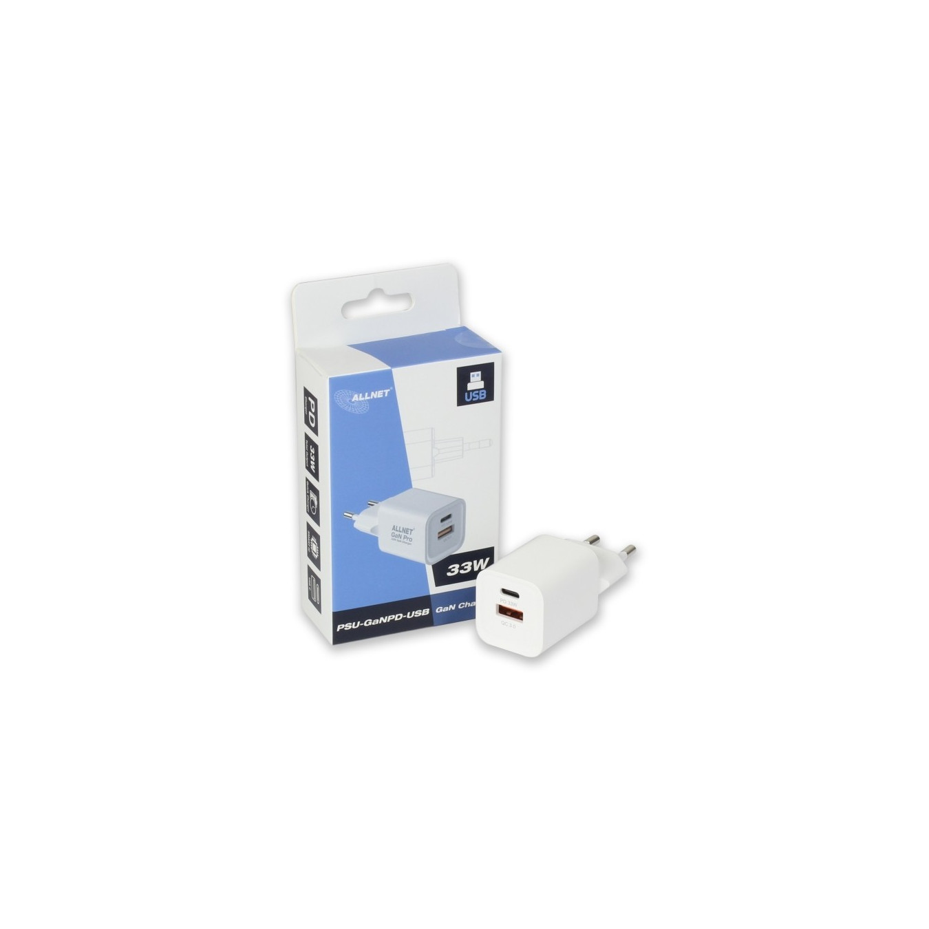 Z ALLNET Ersatznetzteil QC USB-C PD GaN Netzteil Power Supply33Watt 1x USB Typ-A QC 1x USB Typ-C EU PLUG