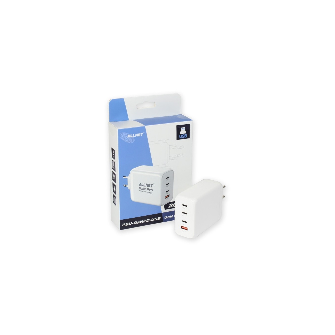 Z ALLNET Ersatznetzteil QC USB-C PD GaN Netzteil Power Supply200Watt 1x USB Typ-A QC 3x USB Typ-C EU PLUG