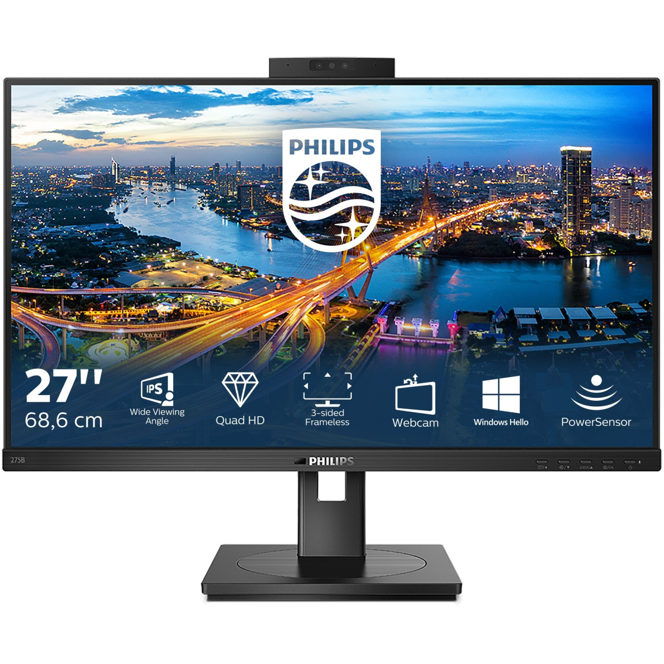 Philips 275B1H/00 - 27-inch QHD (2560x1440) IPS Monitor, 75Hz, 4ms, USB Hub & Webcam, Black — Buy in Cyprus with Fast Delivery