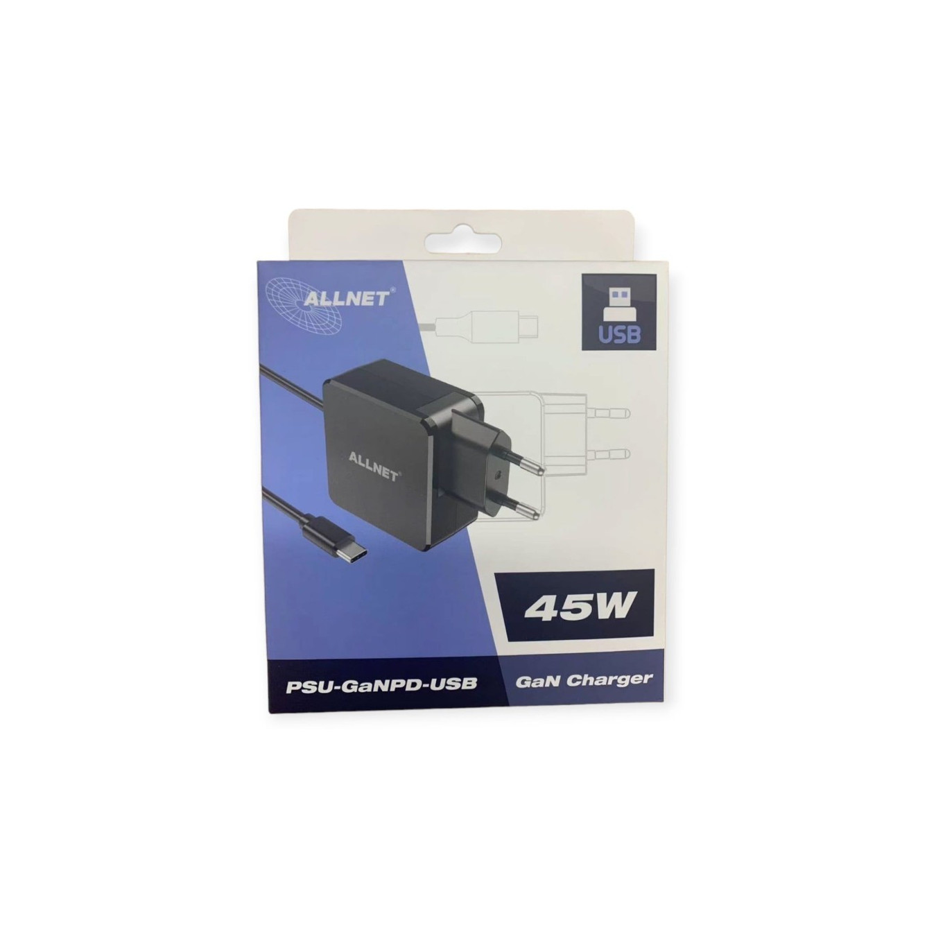 Z ALLNET Ersatznetzteil QC USB-C PD GaN Netzteil Power Supply45Watt 1x USB Typ-C mit 2m festem Kabel EU PLUG