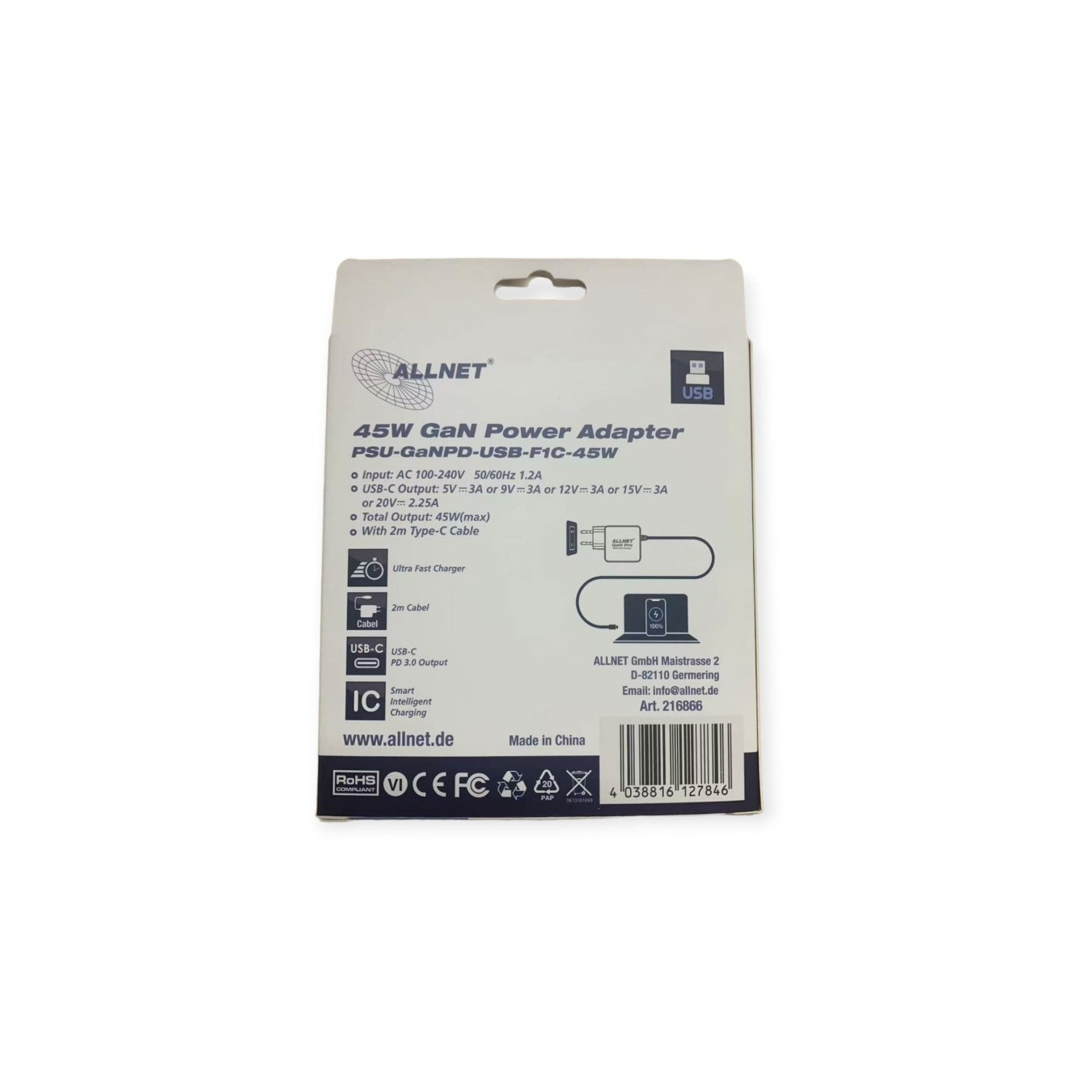 Z ALLNET Ersatznetzteil QC USB-C PD GaN Netzteil Power Supply45Watt 1x USB Typ-C mit 2m festem Kabel EU PLUG