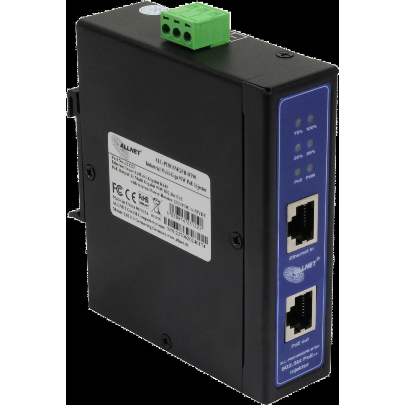 Z ALLNET PoE Injektor Industrial MultiGigabit • PoE BT mit Power-Booster (15.4W 30W 90W) • DIN •ALLNET PoE Injekt Met...