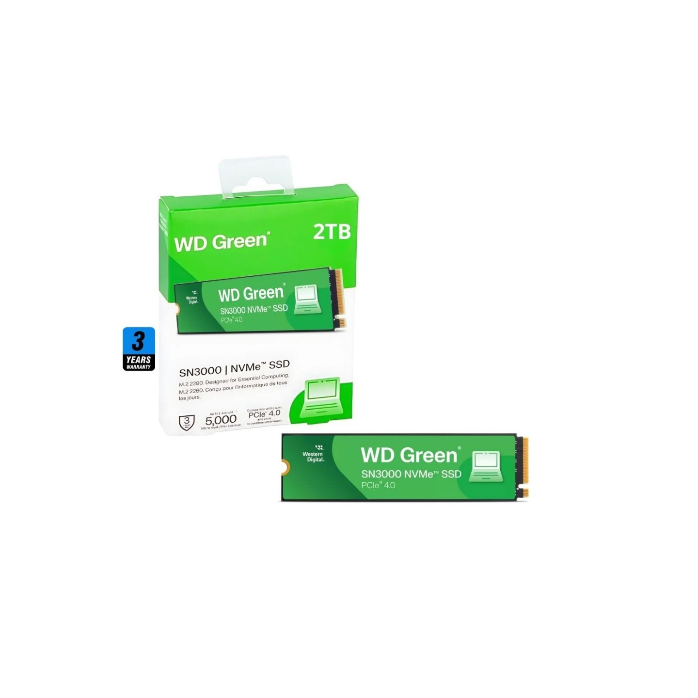 Western Digital WD Green SN3000 2TB M.2 2280 NVMe SSD - PCIe 4.0 x4, 5000 MB/s, QLC 3D NAND - WDS200T4G0E (Boxed)