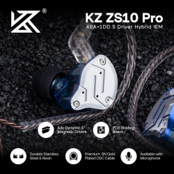 KZ ZS10 PRO Blue With Mic - IEM 3,5 Musician In Ear Monitor Earphones, 4BA+1DD 5 Driver 10mm, metal