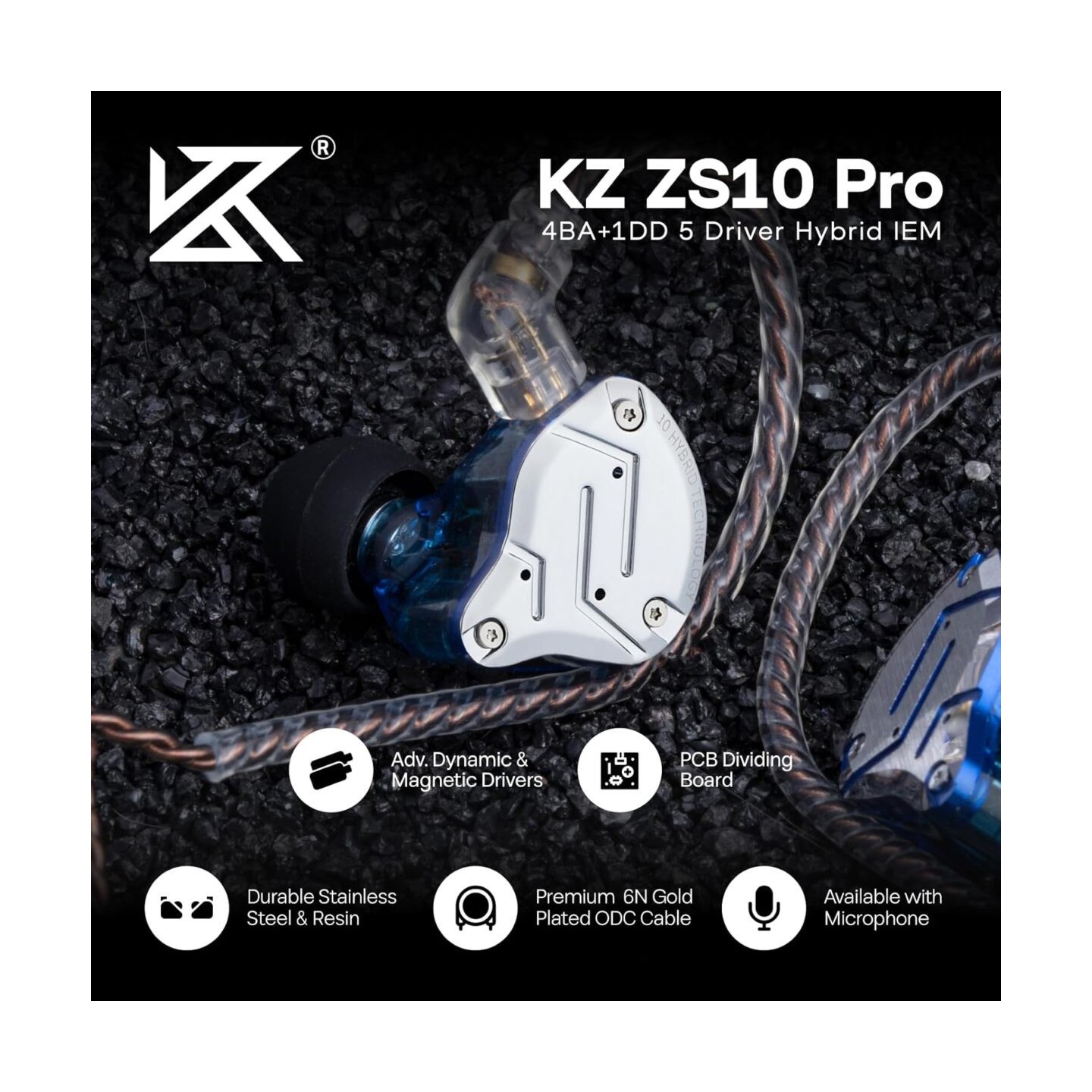 KZ ZS10 PRO Blue With Mic - IEM 3,5 Musician In Ear Monitor Earphones, 4BA+1DD 5 Driver 10mm, metal