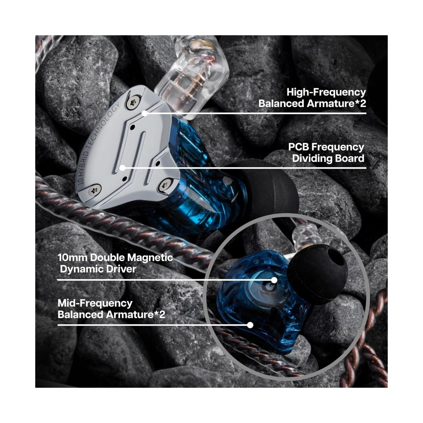 KZ ZS10 PRO Blue With Mic - IEM 3,5 Musician In Ear Monitor Earphones, 4BA+1DD 5 Driver 10mm, metal