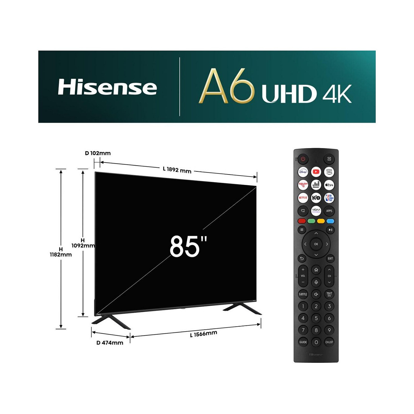 215.0cm 85' (3840x2160) Hisense 85E6NT 16:9 DLED 60Hz HDMI USB WLAN Bluetooth HDR10+ Speaker Black