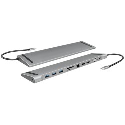 LogiLink UA0373 USB-C 11-in-1 Docking Station - 100W PD, 2x HDMI, VGA, Gigabit Ethernet, Silver