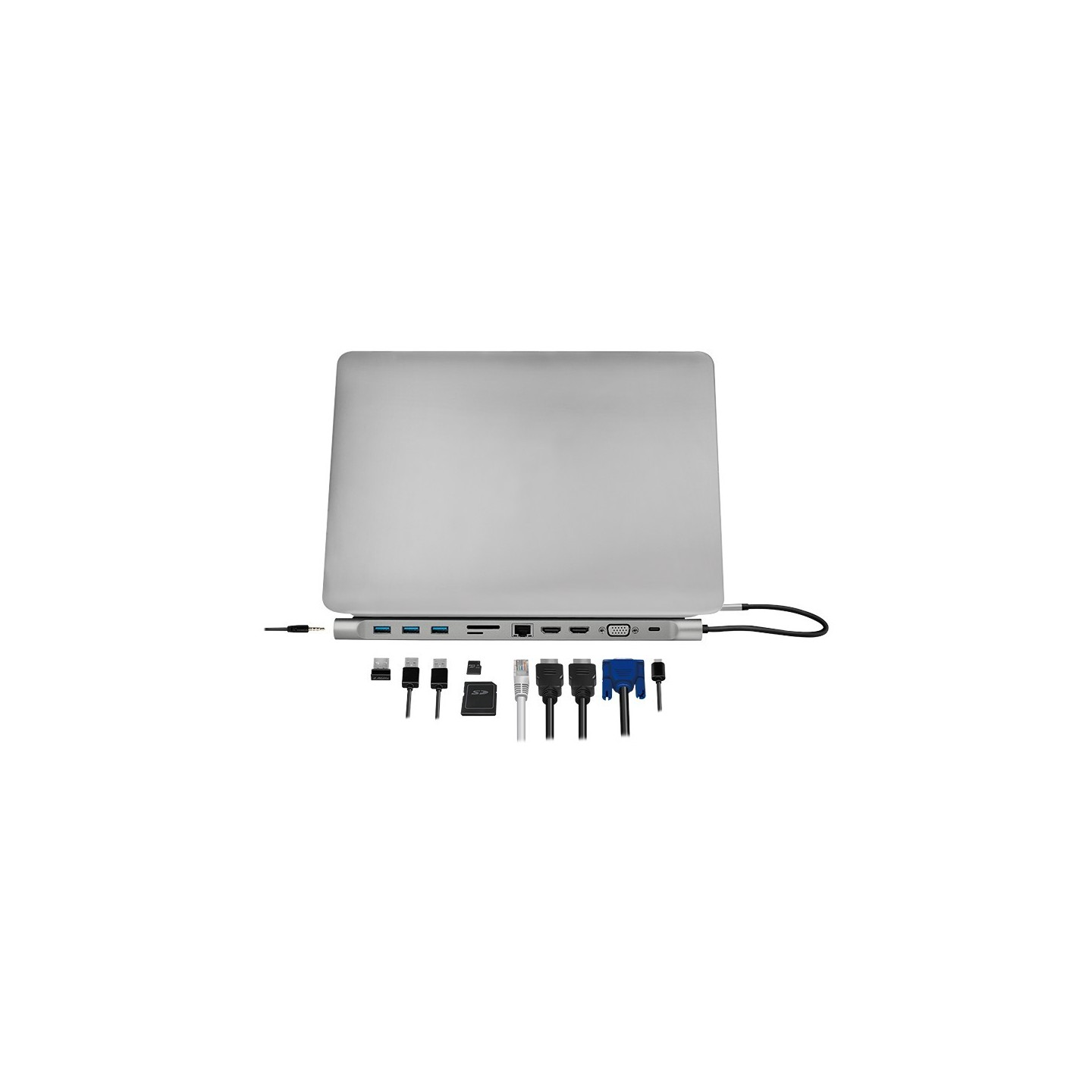 LogiLink UA0373 USB-C 11-in-1 Docking Station - 100W PD, 2x HDMI, VGA, Gigabit Ethernet, Silver