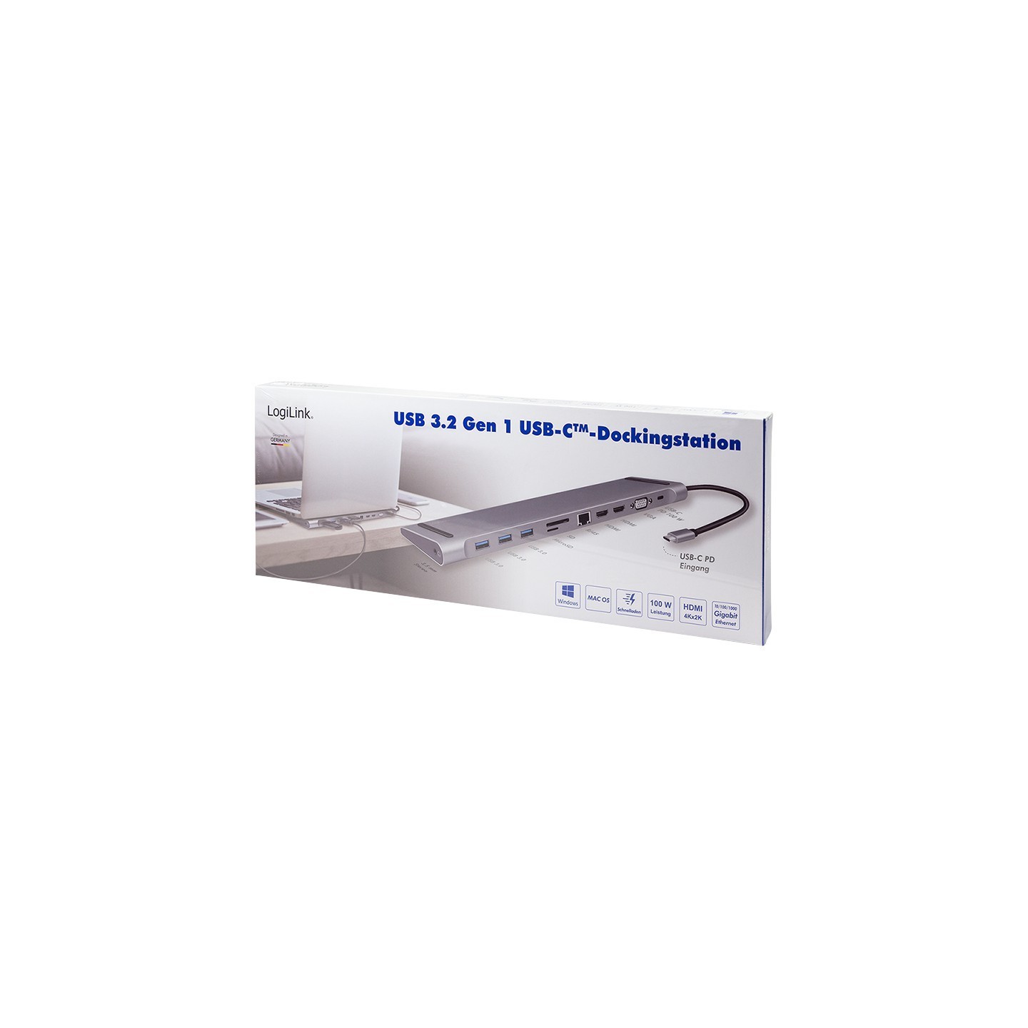 LogiLink UA0373 USB-C 11-in-1 Docking Station - 100W PD, 2x HDMI, VGA, Gigabit Ethernet, Silver