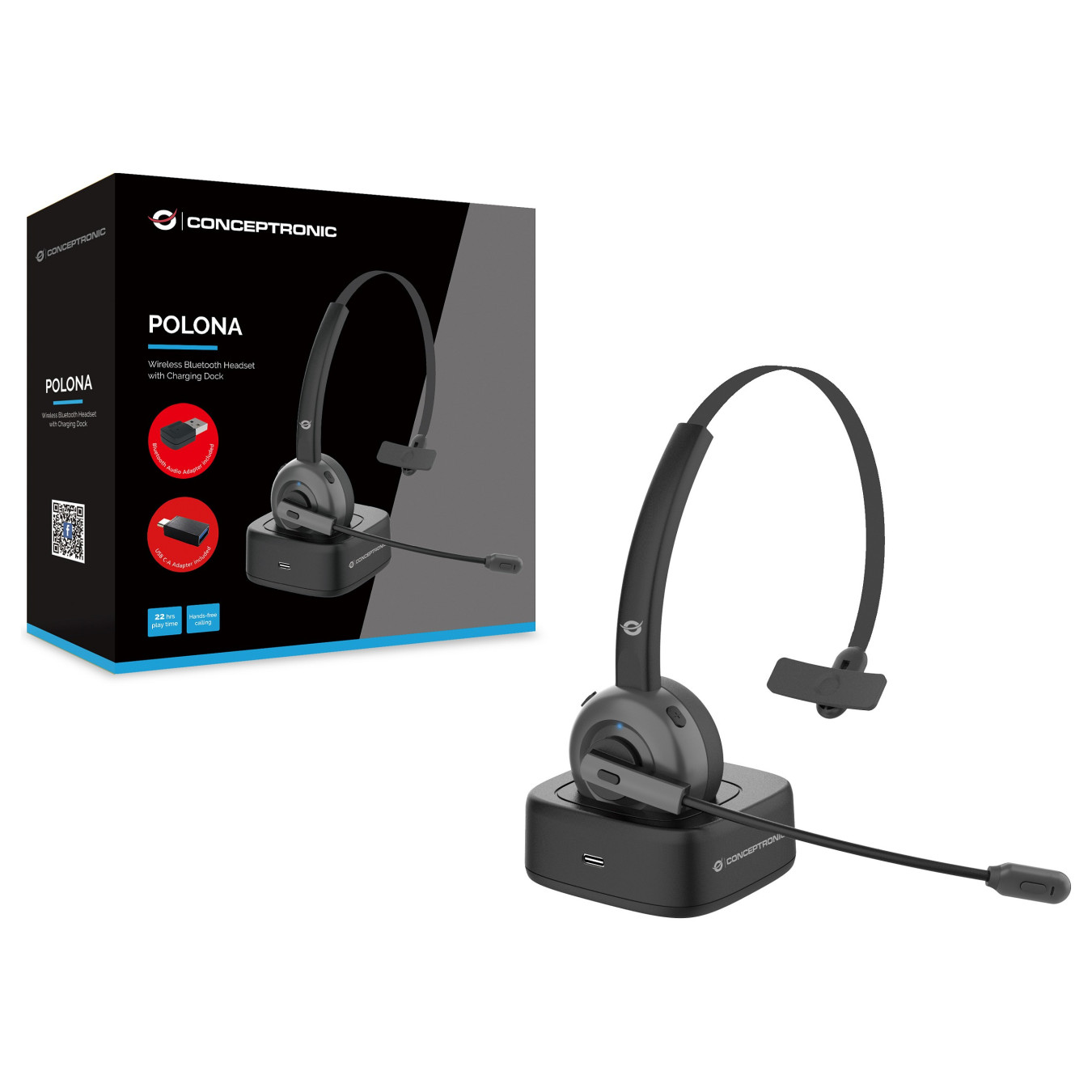 CONCEPTRONIC Headset Mono WLS BT5.0 Mikro ANC Dock +22Std sw — Buy in Cyprus with Fast Delivery