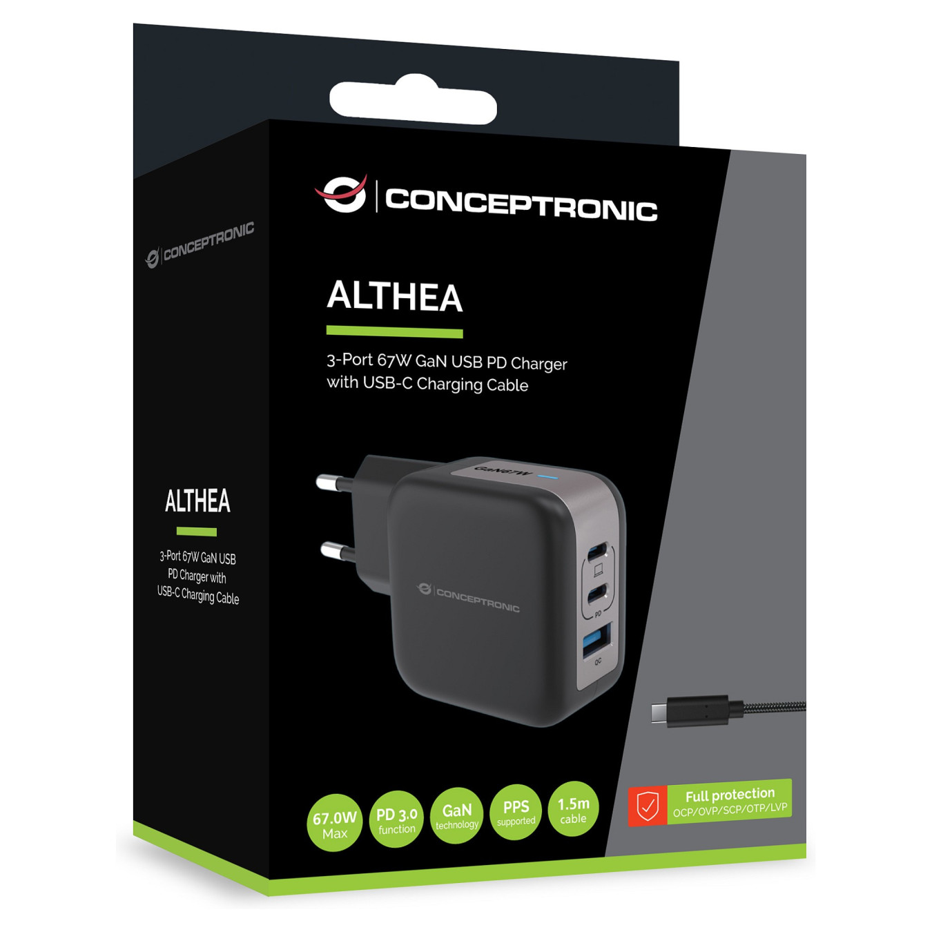 CONCEPTRONIC Ladegerät 3Port GaN 2xUSB-C 1xA 67WPD3.0 PPS sw — Buy in Cyprus with Fast Delivery