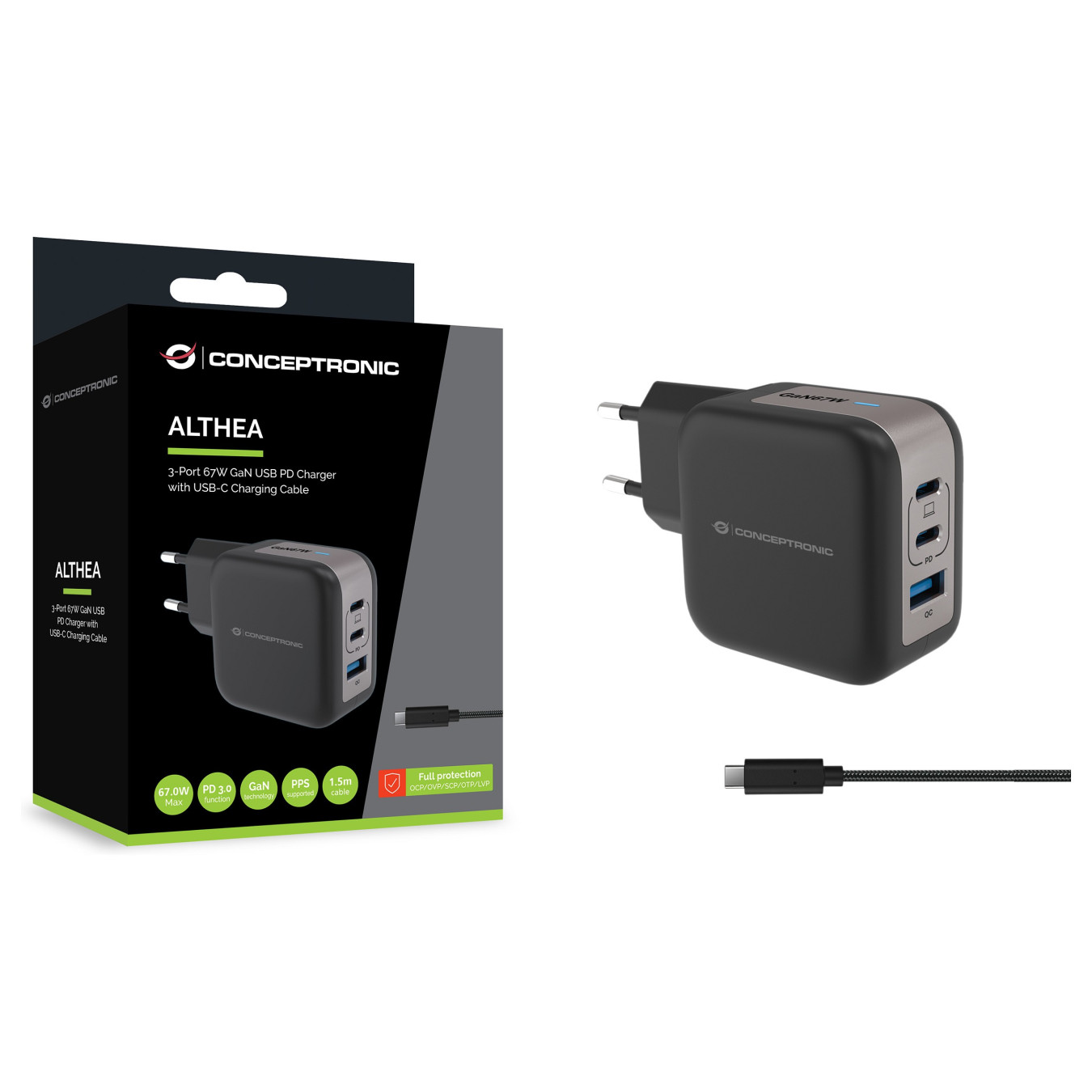 CONCEPTRONIC Ladegerät 3Port GaN 2xUSB-C 1xA 67WPD3.0 PPS sw — Buy in Cyprus with Fast Delivery