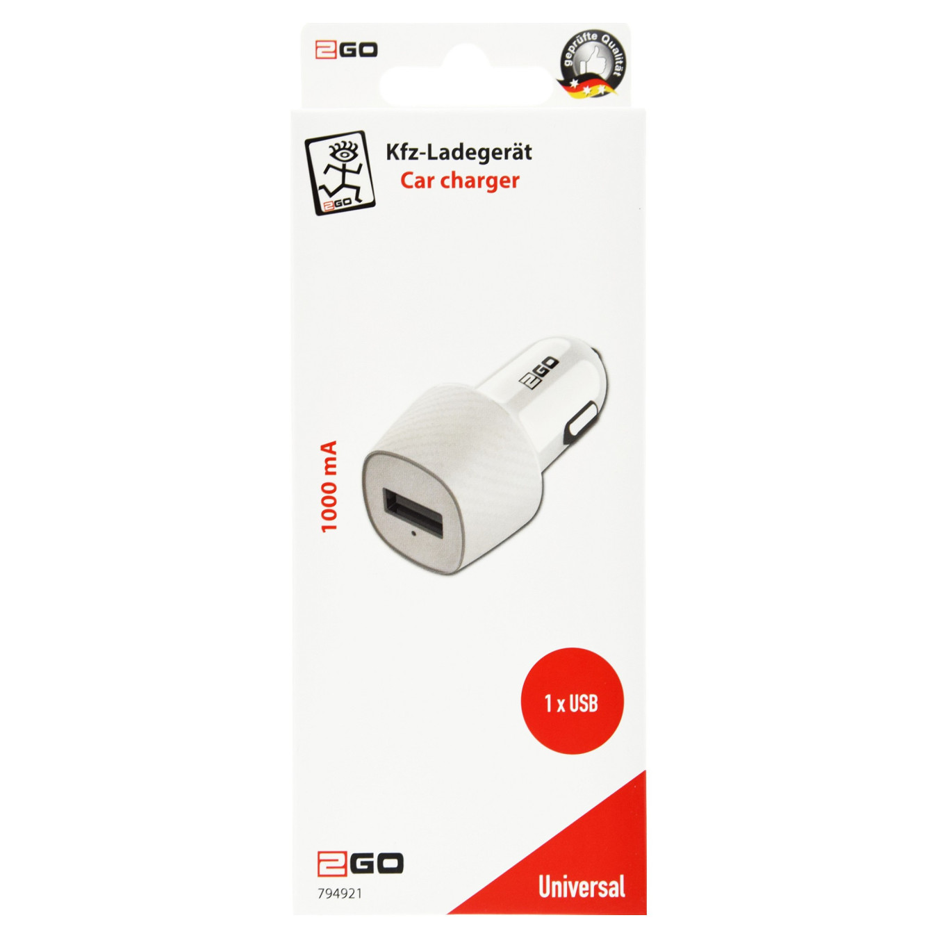 2GO USB KFZ-Ladegerät 1000mA USB-A - weiss — Buy in Cyprus with Fast Delivery