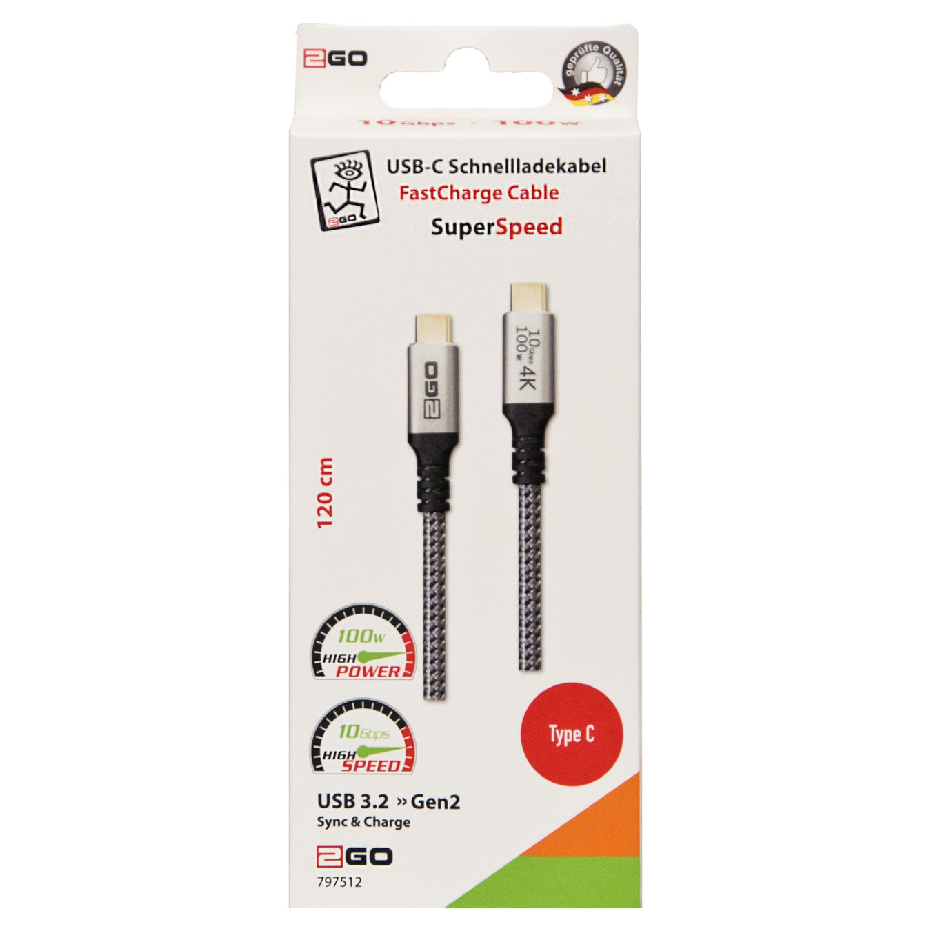 2GO Schnellladekabel USB-C 100W 10Gbps 1.2m — Buy in Cyprus with Fast Delivery