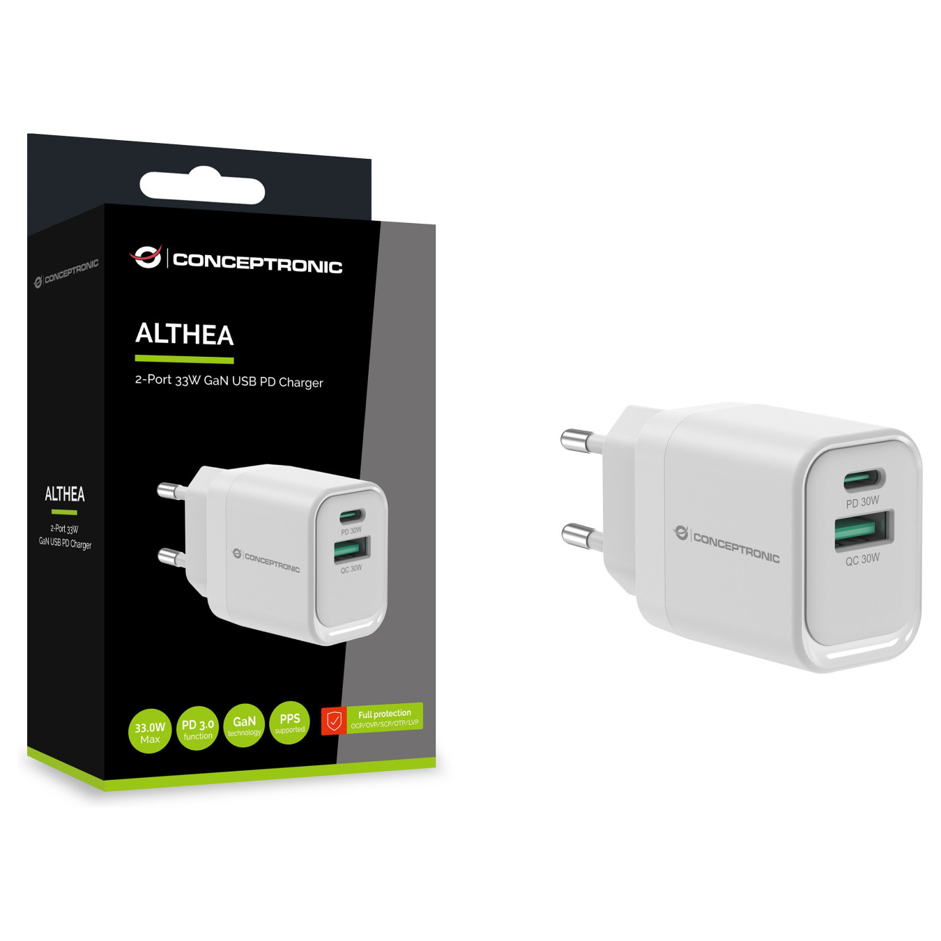 CONCEPTRONIC Ladegerät 2Port GaN USB-C -A 33WPD3.0 PPS ws — Buy in Cyprus with Fast Delivery