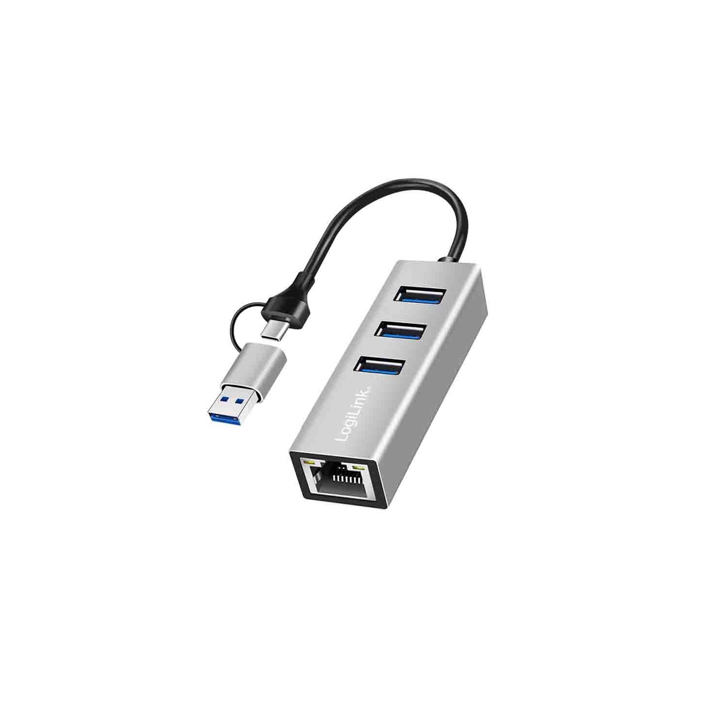 UA0440 HUB 3.2 GEN1 3xUSB-A, 1xRJ45 2-in-1 CONNECTION CABLE SILVER, LOGILINK — Buy in Cyprus with Fast Delivery