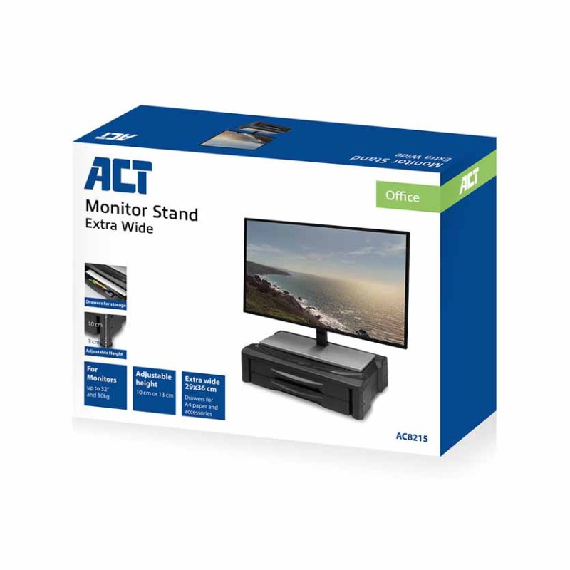 AC8215 MONITOR STAND EXTRA WIDE W TWO DRAWER ADJUSTABLE 10 OR 13cm BLACK ACT — Buy in Cyprus with Fast Delivery