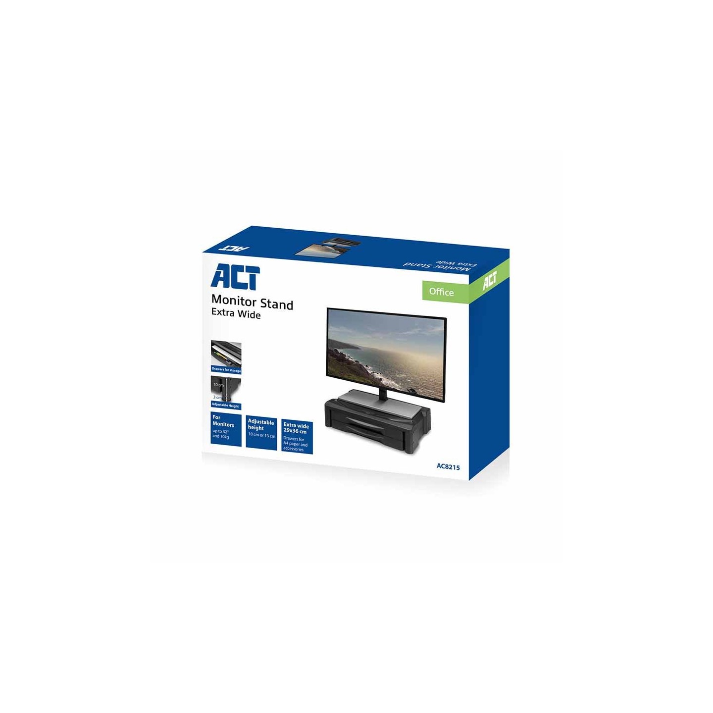 AC8215 MONITOR STAND EXTRA WIDE W TWO DRAWER ADJUSTABLE 10 OR 13cm BLACK ACT — Buy in Cyprus with Fast Delivery