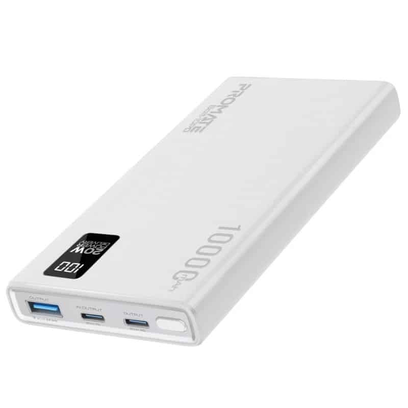 BOLT-10PD.WHITE COMPACT SMART POWER BANK WITH 20W PD DUAL USB-C AND 22.5W USB-A PORTS PROMATE