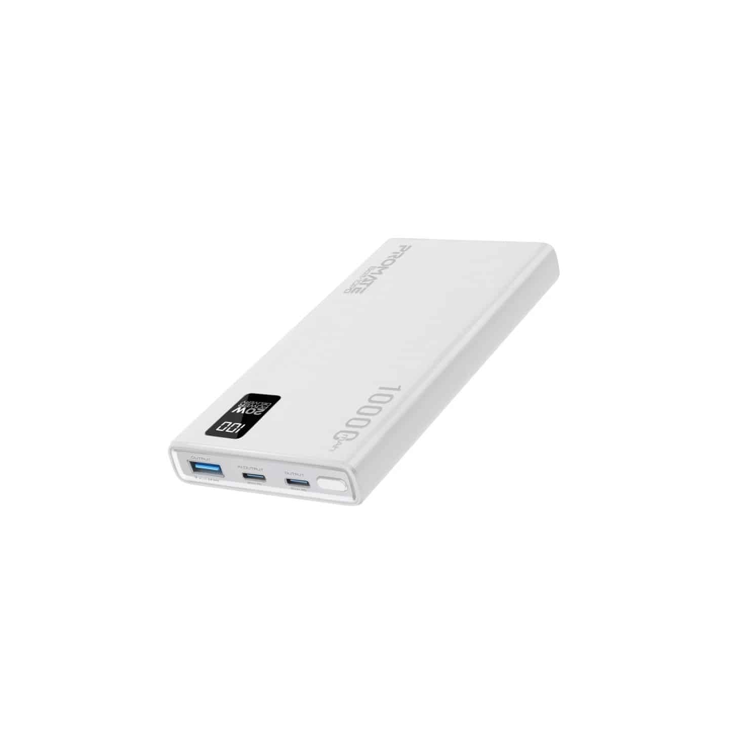 BOLT-10PD.WHITE COMPACT SMART POWER BANK WITH 20W PD DUAL USB-C AND 22.5W USB-A PORTS PROMATE