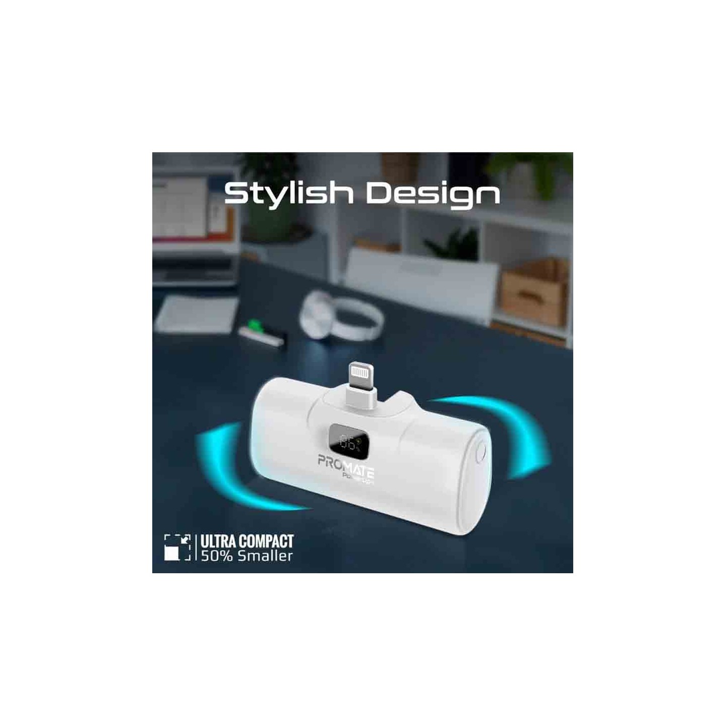 POWERUP-I.WHITE 5000mAh COMPACT FAST POWERBANK W BUILT-IN LIGHTNING CONNECTOR PROMATE — Buy in Cyprus with Fast Delivery