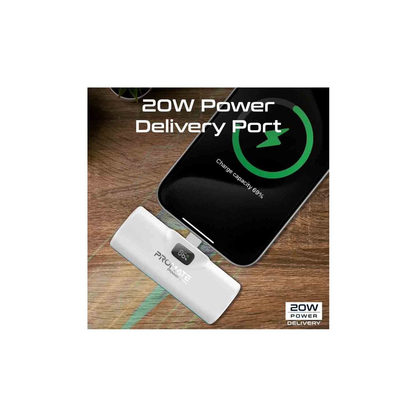 POWERUP-I.WHITE 5000mAh COMPACT FAST POWERBANK W BUILT-IN LIGHTNING CONNECTOR PROMATE — Buy in Cyprus with Fast Delivery