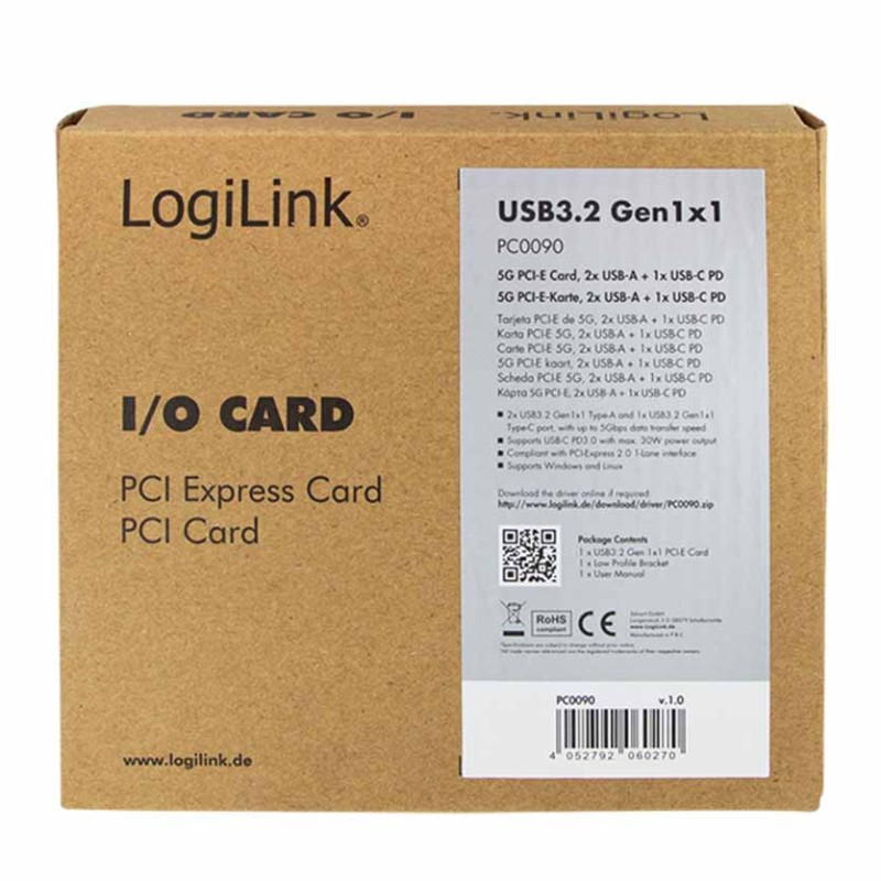 LogiLink PC0090 USB 3.2 Gen 1 PCIe Card - 2x USB-A + 1x USB-C PD 30W — Armenius Store Cyprus
