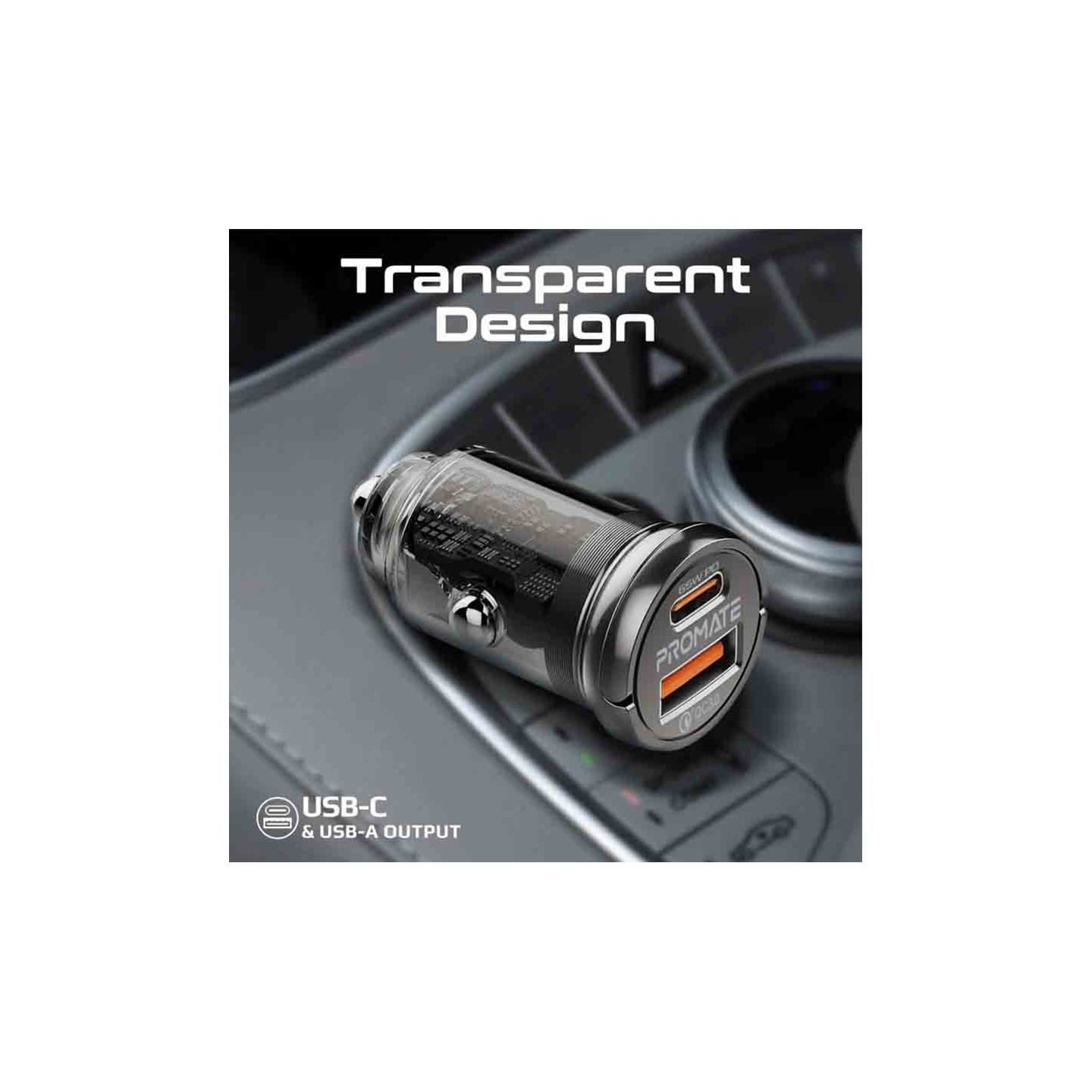 Buy TRANSDRIVE-65W RAPID CAR MINI CHARGER TRANSPARENT, QUICK CHARGE PORTS PROMATE in Cyprus, Nicosia, Limassol, Larnaka, Pafos