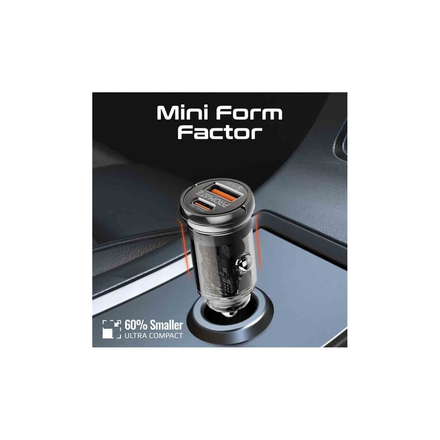 Buy TRANSDRIVE-65W RAPID CAR MINI CHARGER TRANSPARENT, QUICK CHARGE PORTS PROMATE in Cyprus, Nicosia, Limassol, Larnaka, Pafos