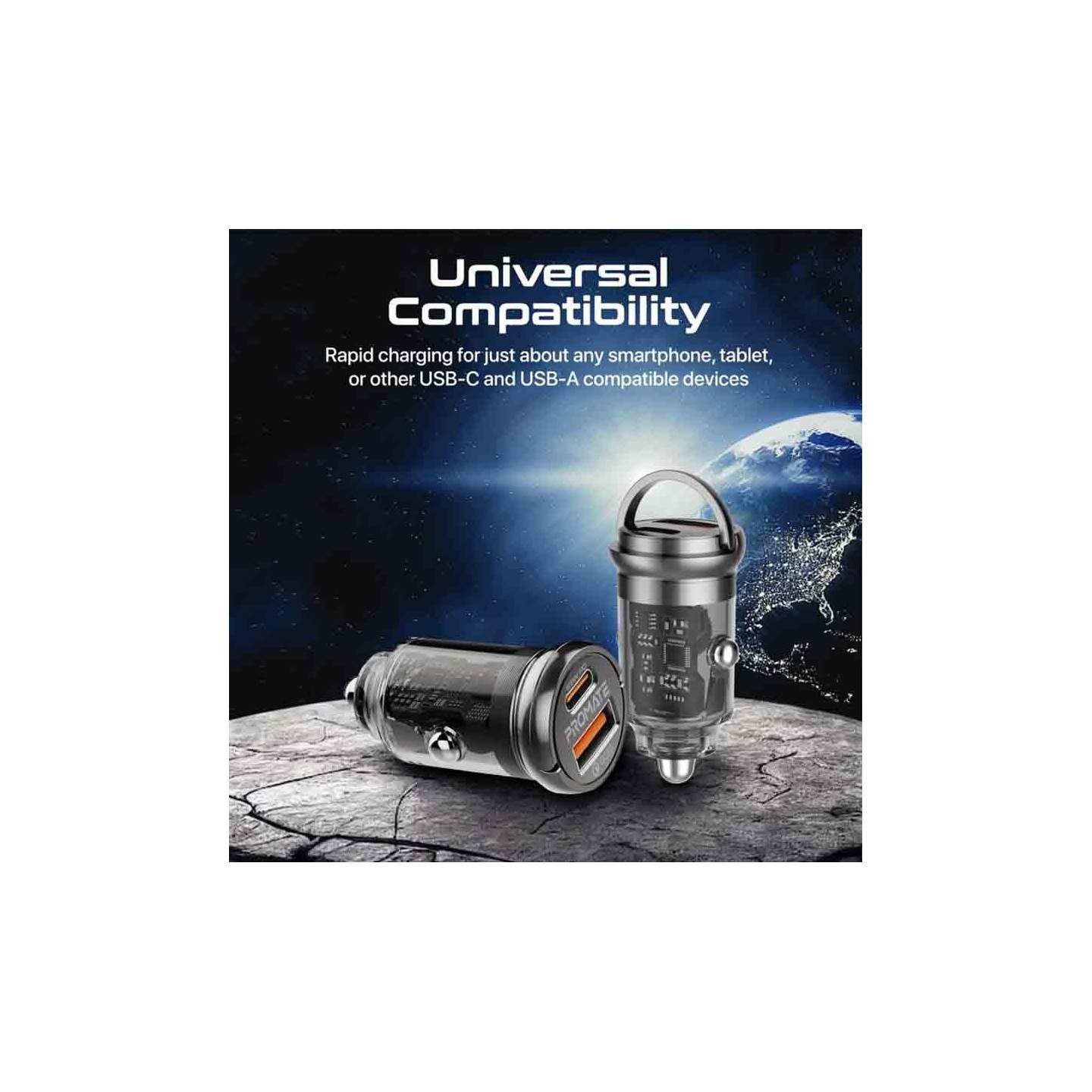 Buy TRANSDRIVE-65W RAPID CAR MINI CHARGER TRANSPARENT, QUICK CHARGE PORTS PROMATE in Cyprus, Nicosia, Limassol, Larnaka, Pafos