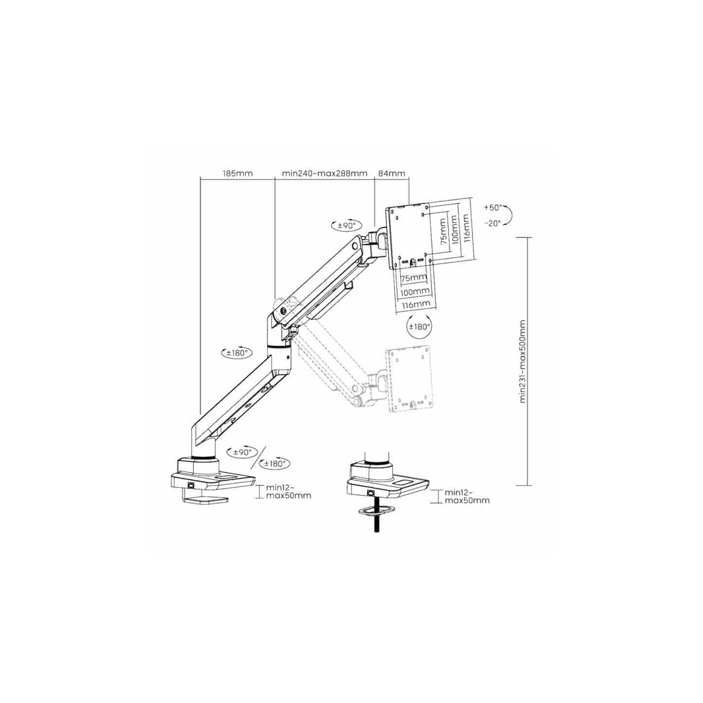 BP0168 Monitor Mount, 17-49", Gas Spring, Flat & Curved, Aluminum, LogiLink (Boxed) — Buy in Cyprus with Fast Delivery