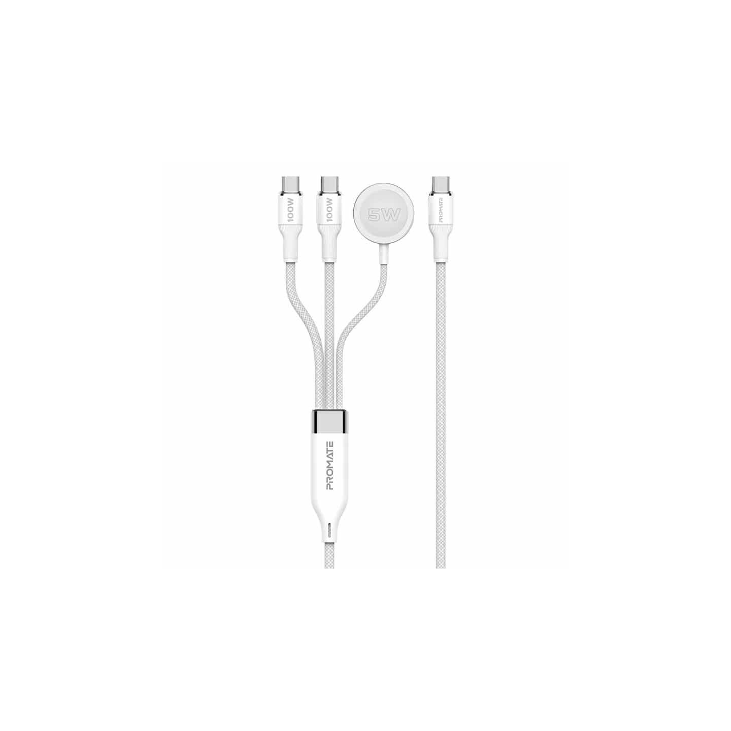 FUSION-CCW.WHITE 100W HIGH-SPEED NYLON BRAIDED MULTI-DEVICE CHARGING CABLE WITH APPLE WATCH CHARGER