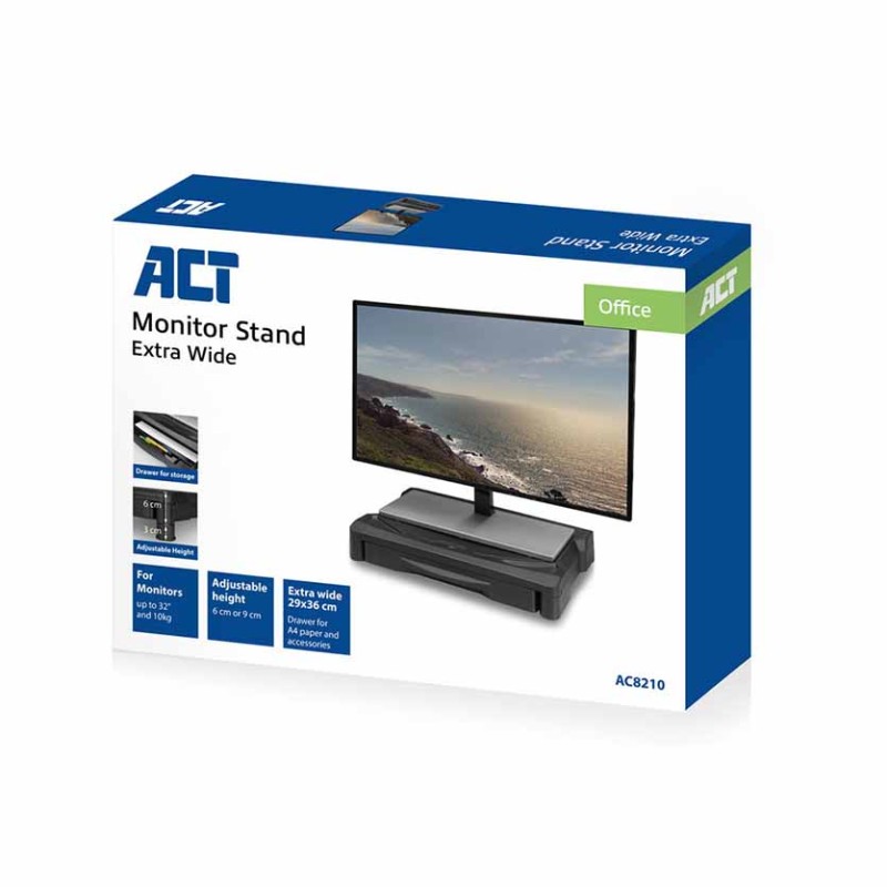 AC8210 MONITOR STAND EXTRA WIDE W ONE DRAWER ADJUSTABLE 6 OR 9cm BLACK ACT — Buy in Cyprus with Fast Delivery