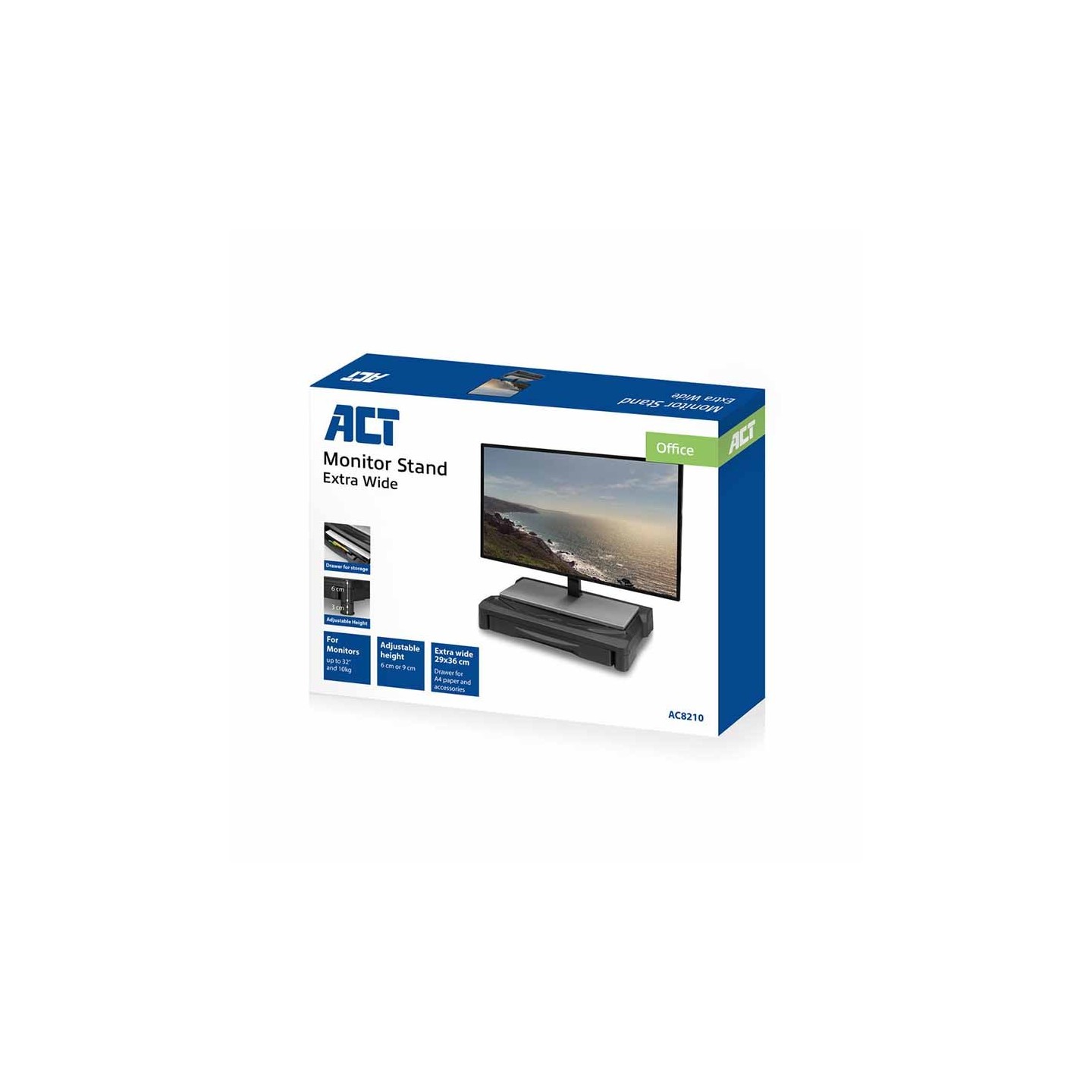 AC8210 MONITOR STAND EXTRA WIDE W ONE DRAWER ADJUSTABLE 6 OR 9cm BLACK ACT — Buy in Cyprus with Fast Delivery