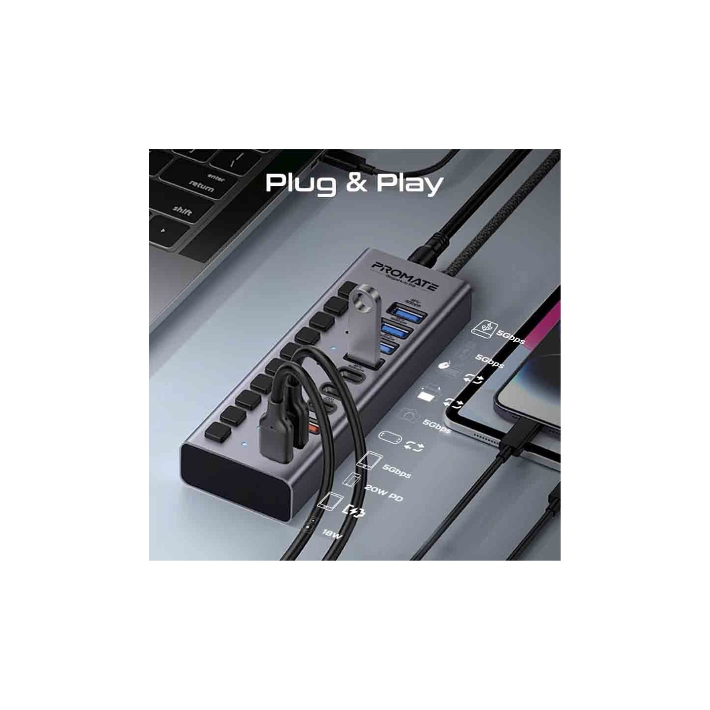 Buy GEGAHUB-5.UK USB 10-IN-1 HUB DATA & CHARGE, 5GBPS HIGH SPEED PROMATE in Cyprus, Nicosia, Limassol, Larnaka, Pafos