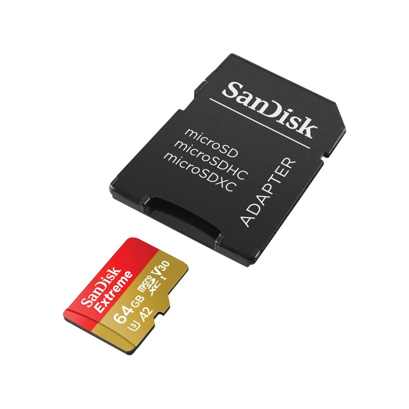 SanDisk Extreme microSDXC - 64GB - 170 MB/s Read, 80 MB/s Write - V30 U3 A2 - Gold/Red w/ SD Adapter