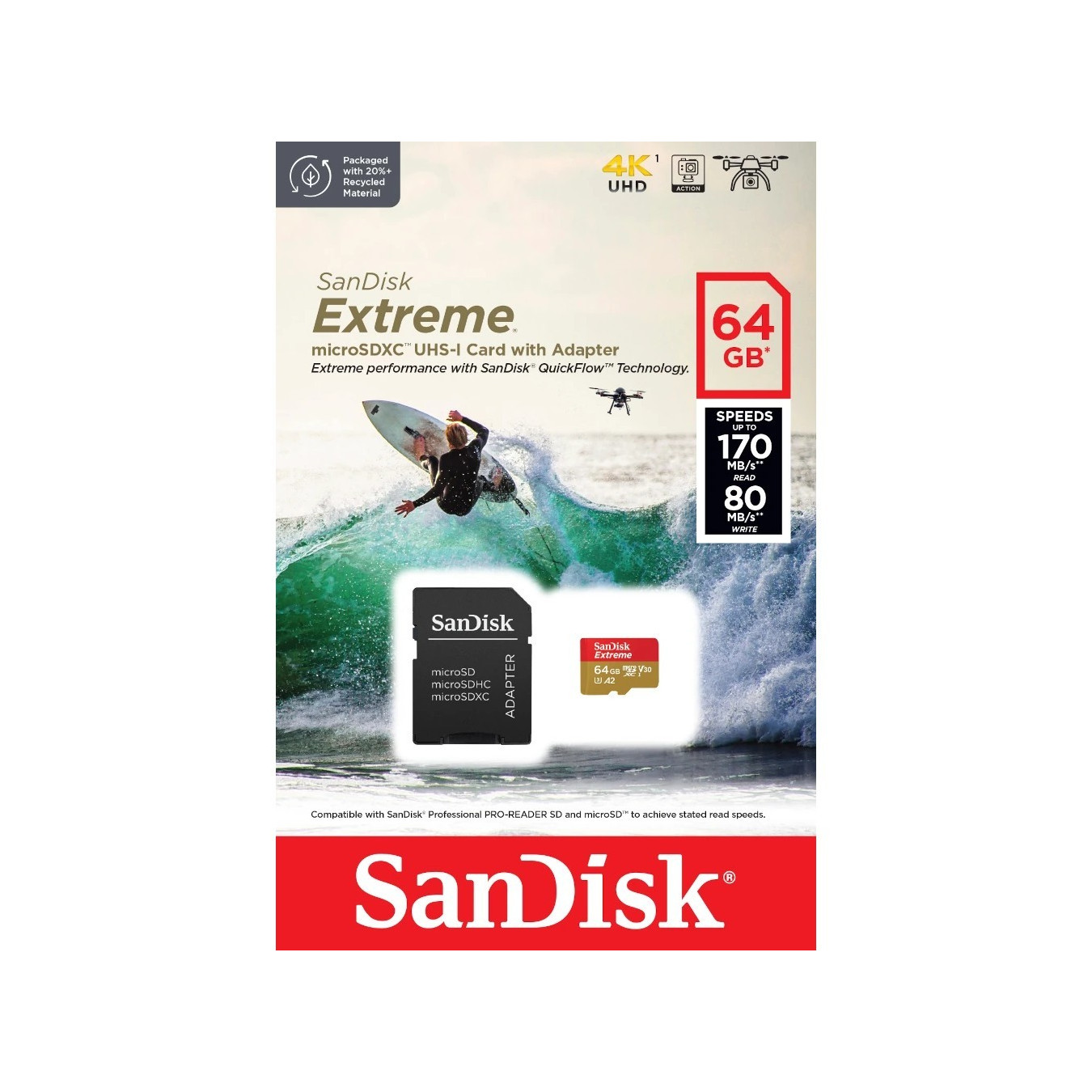 SanDisk Extreme microSDXC - 64GB - 170 MB/s Read, 80 MB/s Write - V30 U3 A2 - Gold/Red w/ SD Adapter