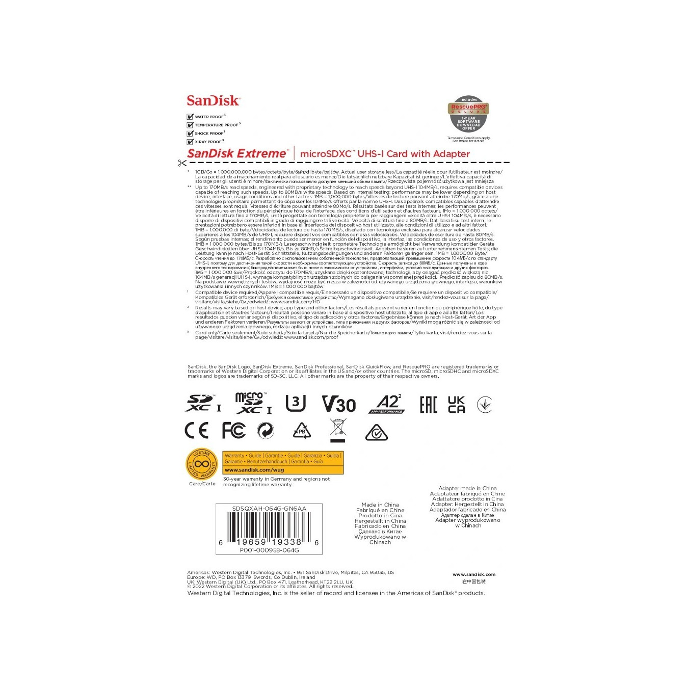 SanDisk Extreme microSDXC - 64GB - 170 MB/s Read, 80 MB/s Write - V30 U3 A2 - Gold/Red w/ SD Adapter