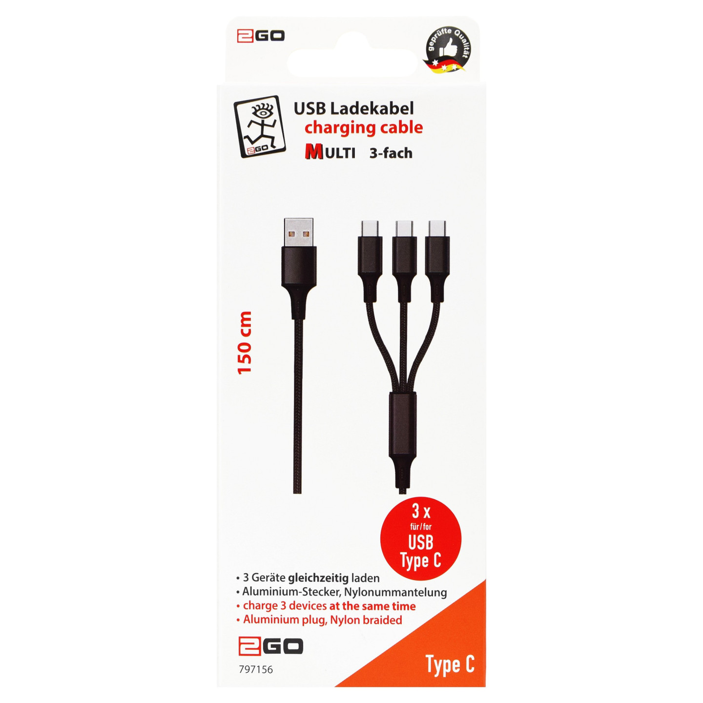 2GO 3in1 USB Ladekabel USB Type-C Nylon 1.5m schwarz — Buy in Cyprus with Fast Delivery