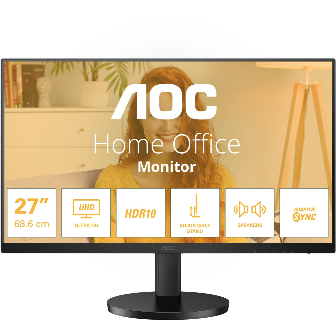 AOC U27B3AF - 27in 4K UHD IPS Monitor - 3840x2160, 60Hz, 4ms, 2xHDMI + DP1.4, Height-adjustable, Black