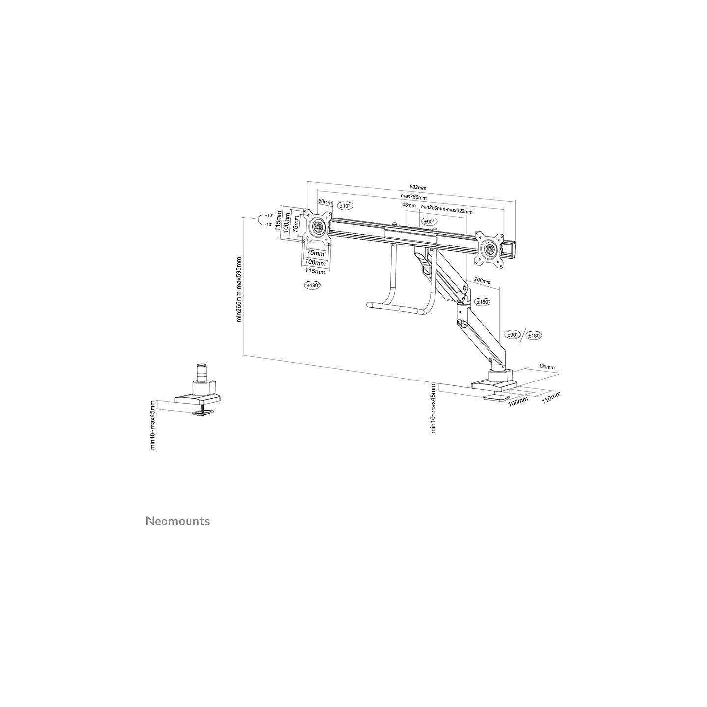 Neomounts Tischhalterung mit Tischhalterungsgriff für zwei Flachbildschirme bis 32' (81 cm) 8KG NM-D775DXBLACK Neomounts